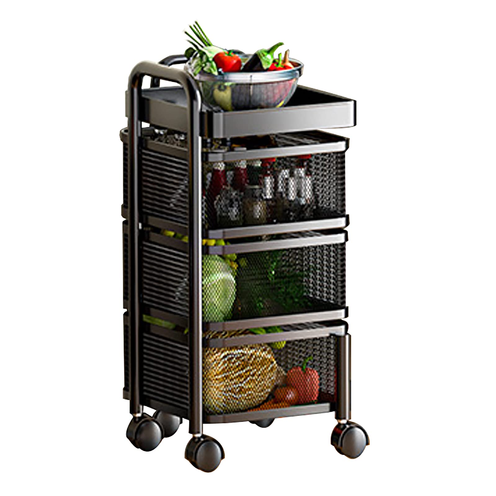 FMOGGE 5-Tier Rolling Kitchen Cart with Rotating Storage Basket - Slim Slide-Out Pantry Rack for Small Spaces, Black - Perfect for Kitchen, Bathroom & Laundry Organization