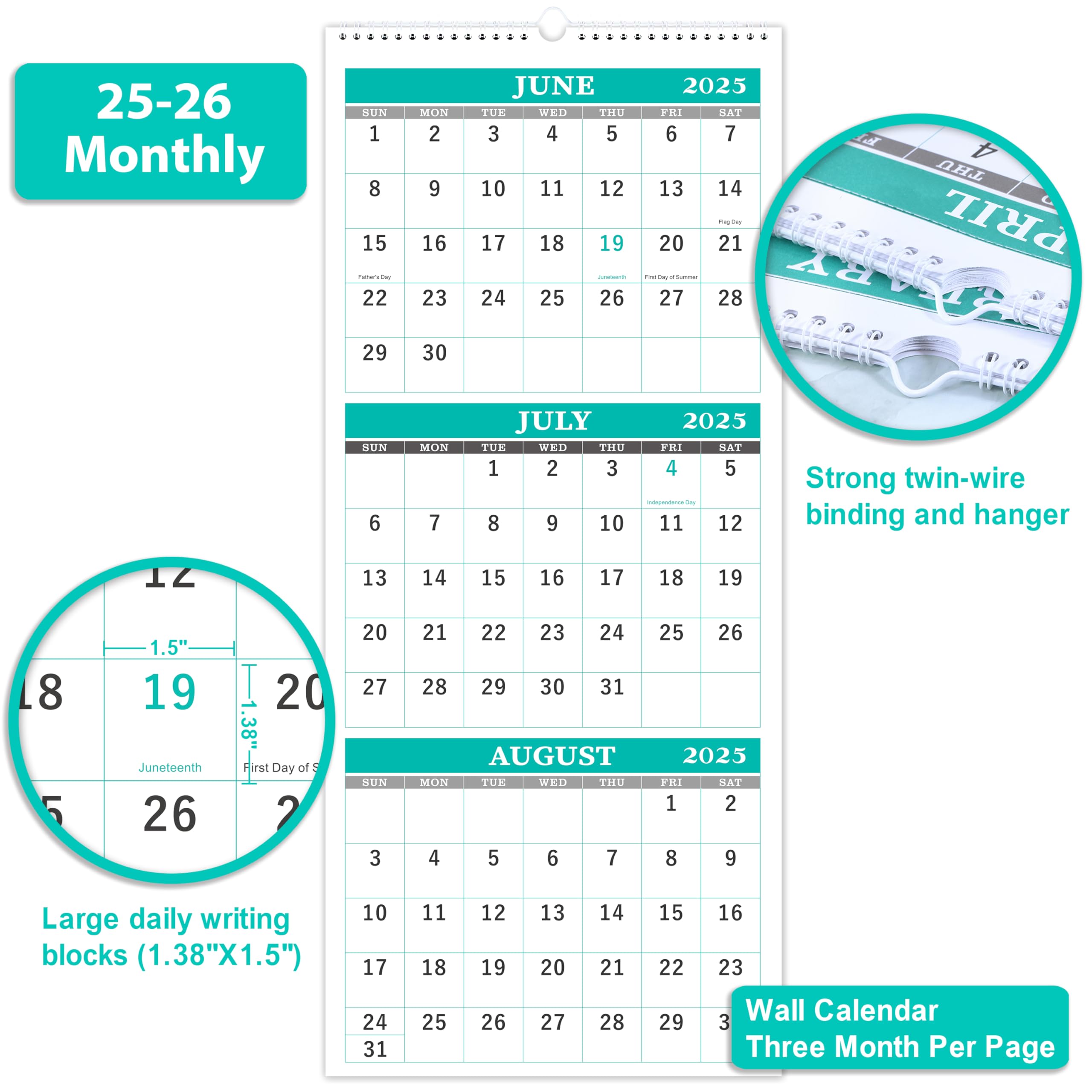 2025-2026 Wall Calendar | 16-Month Planner from May 2025 to June 2026 | 3-Month Vertical Display | 11.3