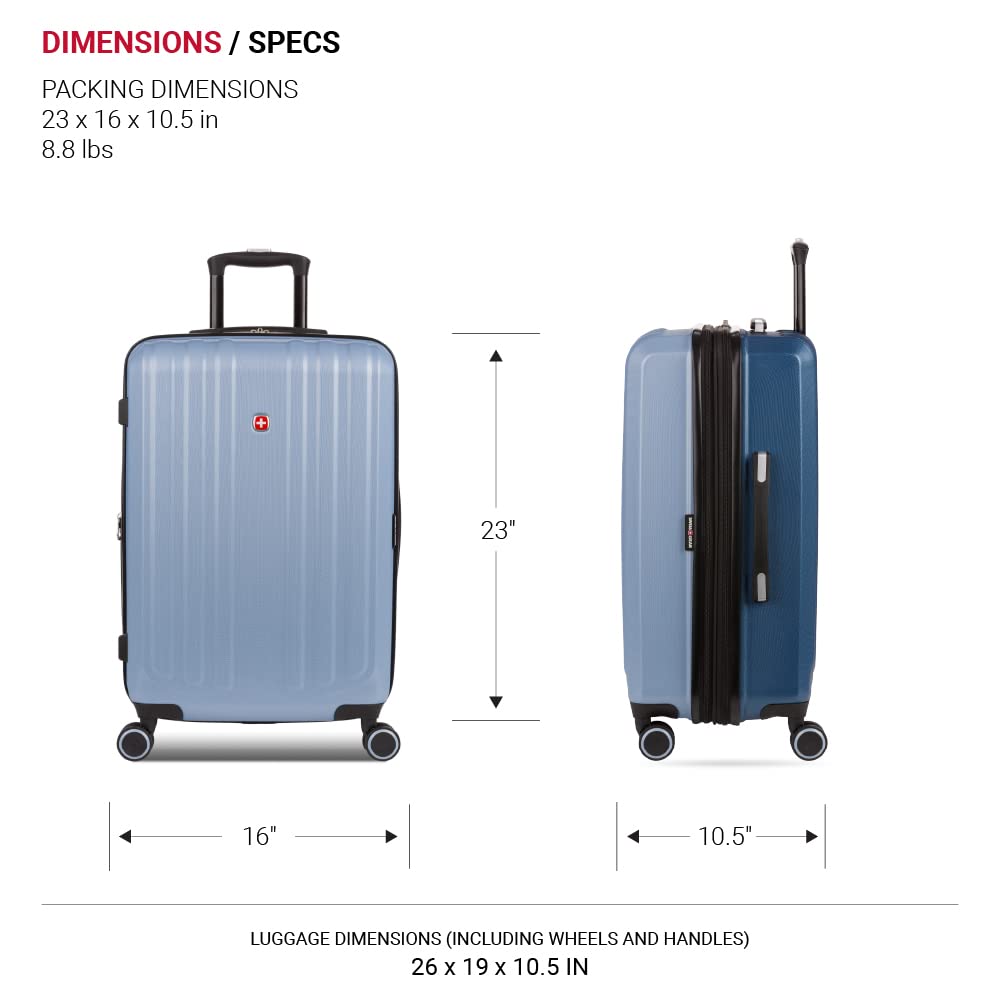 SwissGear Duet Expandable Hardside Spinner Luggage 24-Inch - Light Blue/Navy Checked Medium Suitcase for Travel, Business Trips & Vacation Packing