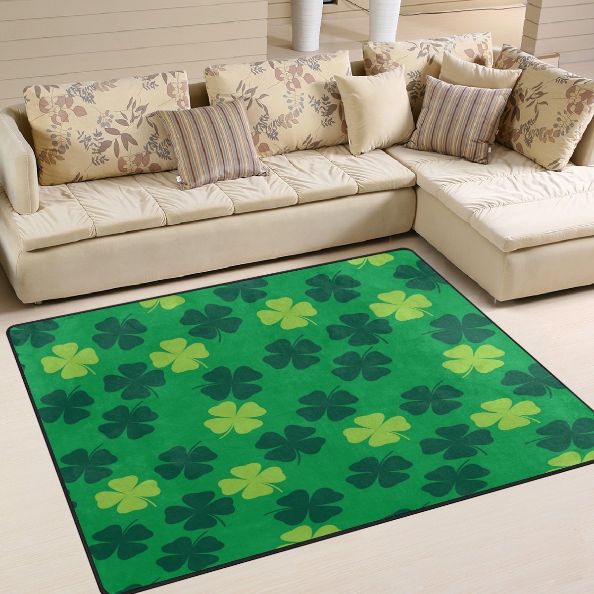 ALAZA Green Clover Leaves Saint Patrick's Day Rug - 7' x 5' Shamrock Area Carpet for Living Room, Bedroom, Dorm | Irish-Themed Home Decor & Party Floor Mat