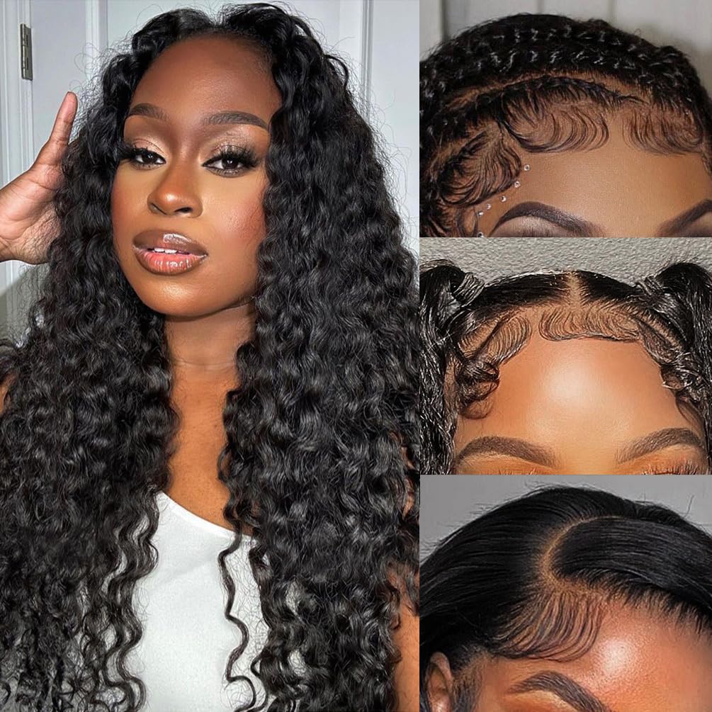 13x4 Glueless Human Hair Wigs Pre Plucked Deep Wave Lace Front Wig with Baby Hair - 180% Density 24 Inch Natural Black for Women | Perfect for Daily Wear, Parties & Special Occasions