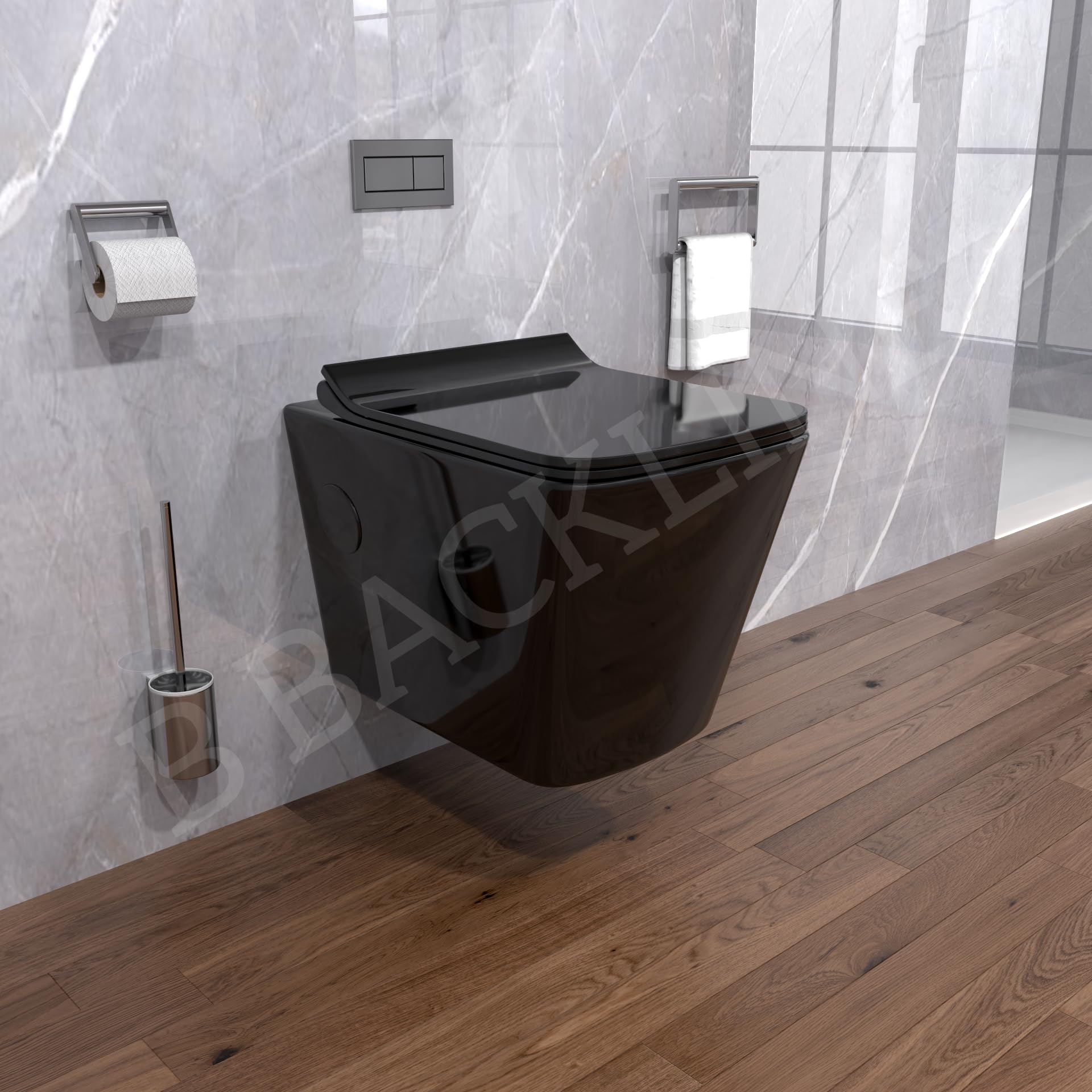 Premium Ceramic Wall-Mounted Rimless Western Toilet with Soft-Close Seat - Modern Black Glossy Bathroom Commode (P-Trap Outlet) for Home, Hotel & Luxury Spaces