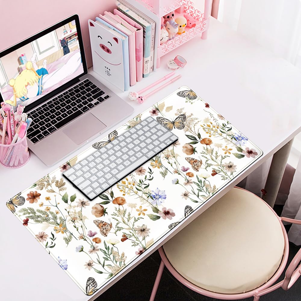 Floral White Large Mouse Pad with Stitched Edge - 31.5x15.8in XL Desk Mat for Computer, Keyboard & Gaming | Home Office Decor, Funny Plant Design | Perfect for Work, Gaming & Stylish Workspace Setup