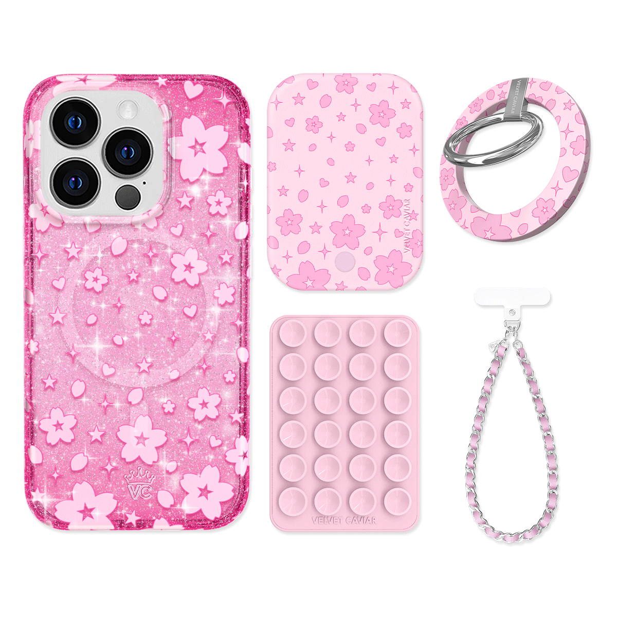 Cherry Blossom Glitter iPhone Case with Grip - Cute Floral Phone Cover for iPhone 13/14/15 Pro Max - Non-Slip Shockproof Protection - Perfect for Daily Use, Travel & Selfies