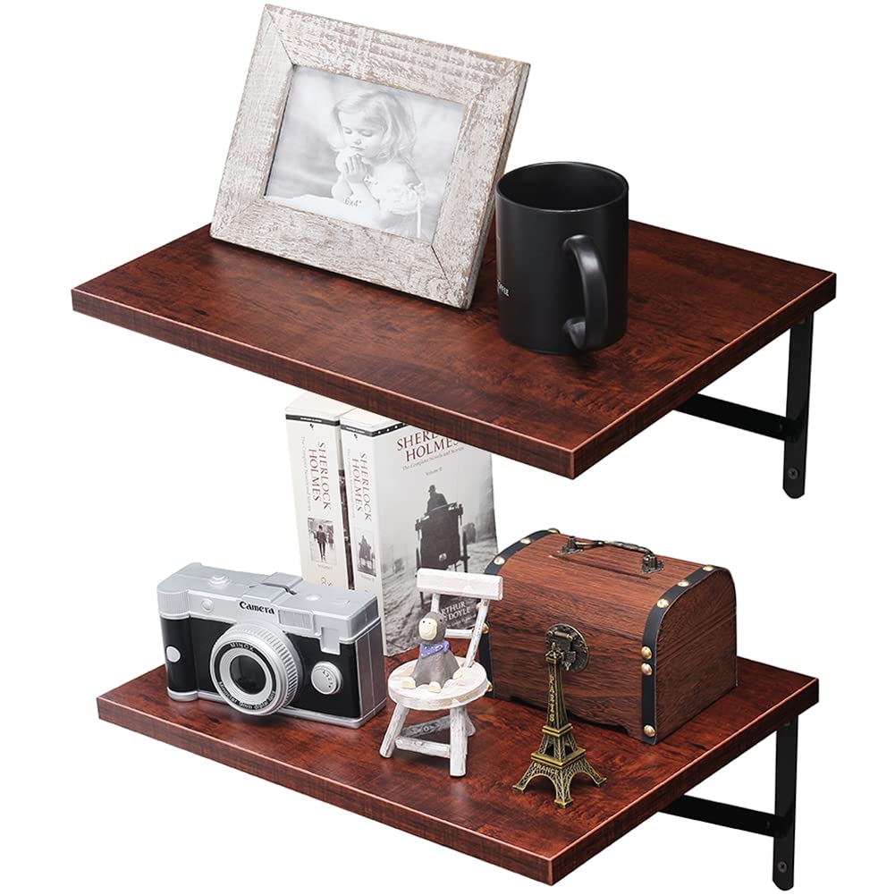 Floating Wall Shelves Set of 2 - Rustic Cherry Walnut Wood Display Shelf - 11.8