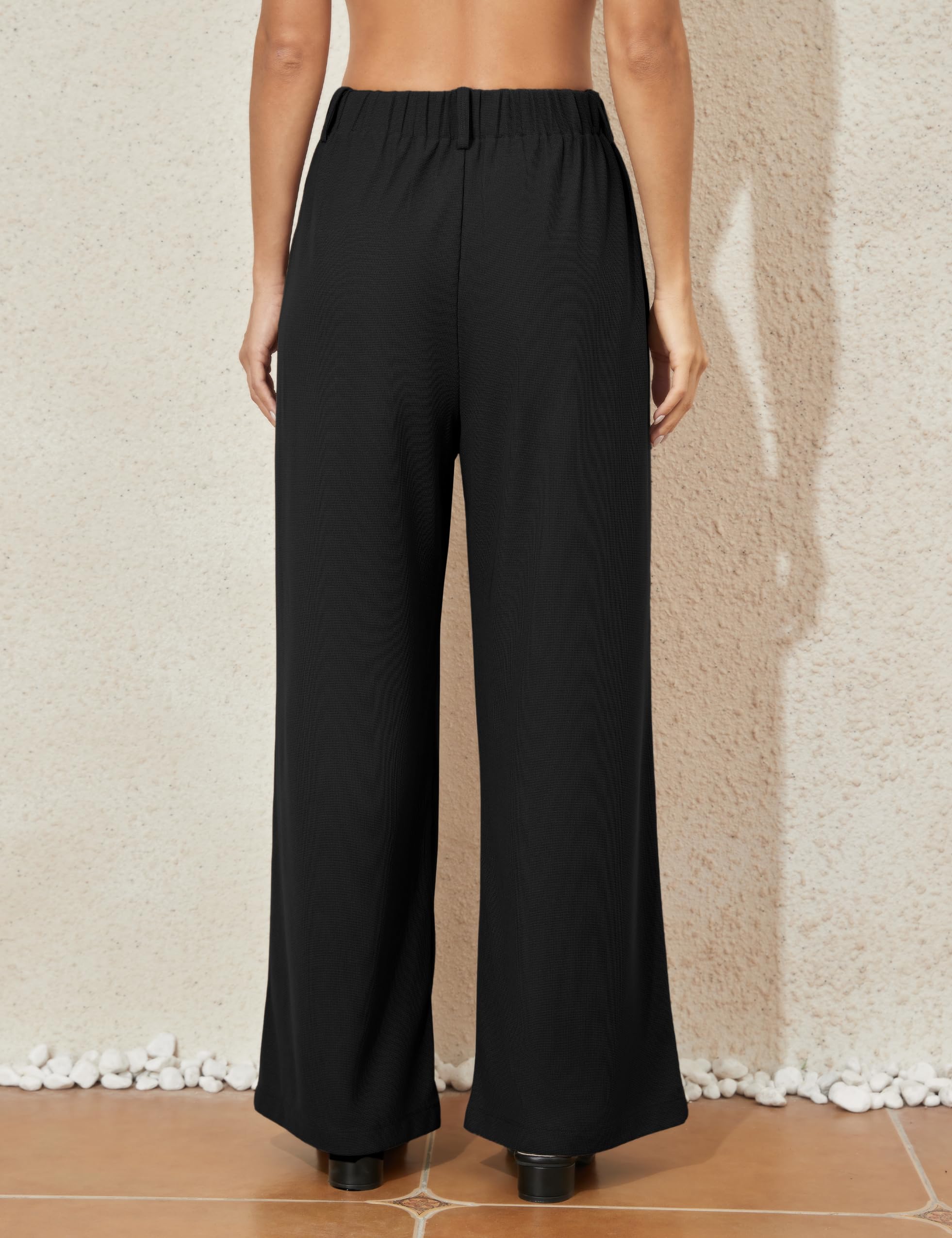 PrettyGuide Women's Wide Leg Dress Pants - Elastic High Waist Waffle Knit Work Pants, Casual Palazzo Trousers with Pockets - Perfect for Office, Business Travel & Everyday Wear