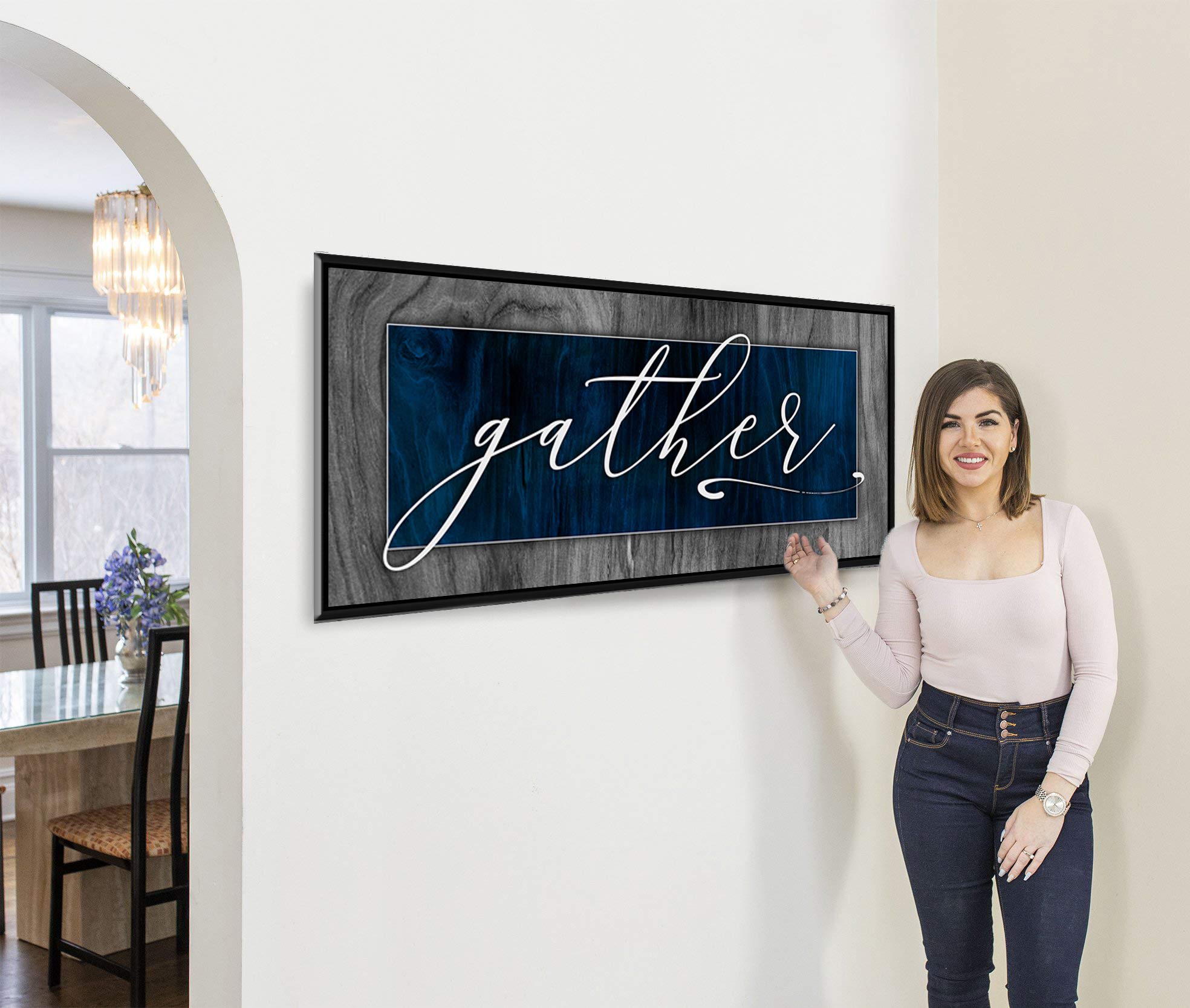 Farmhouse Style 'Gather' Pantry Sign - Dark Blue Wooden Wall Art with Black Floating Frame (42x19 Inch) - Perfect for Kitchen, Dining Room & Living Room Decor | Rustic Home Decor Gift Idea