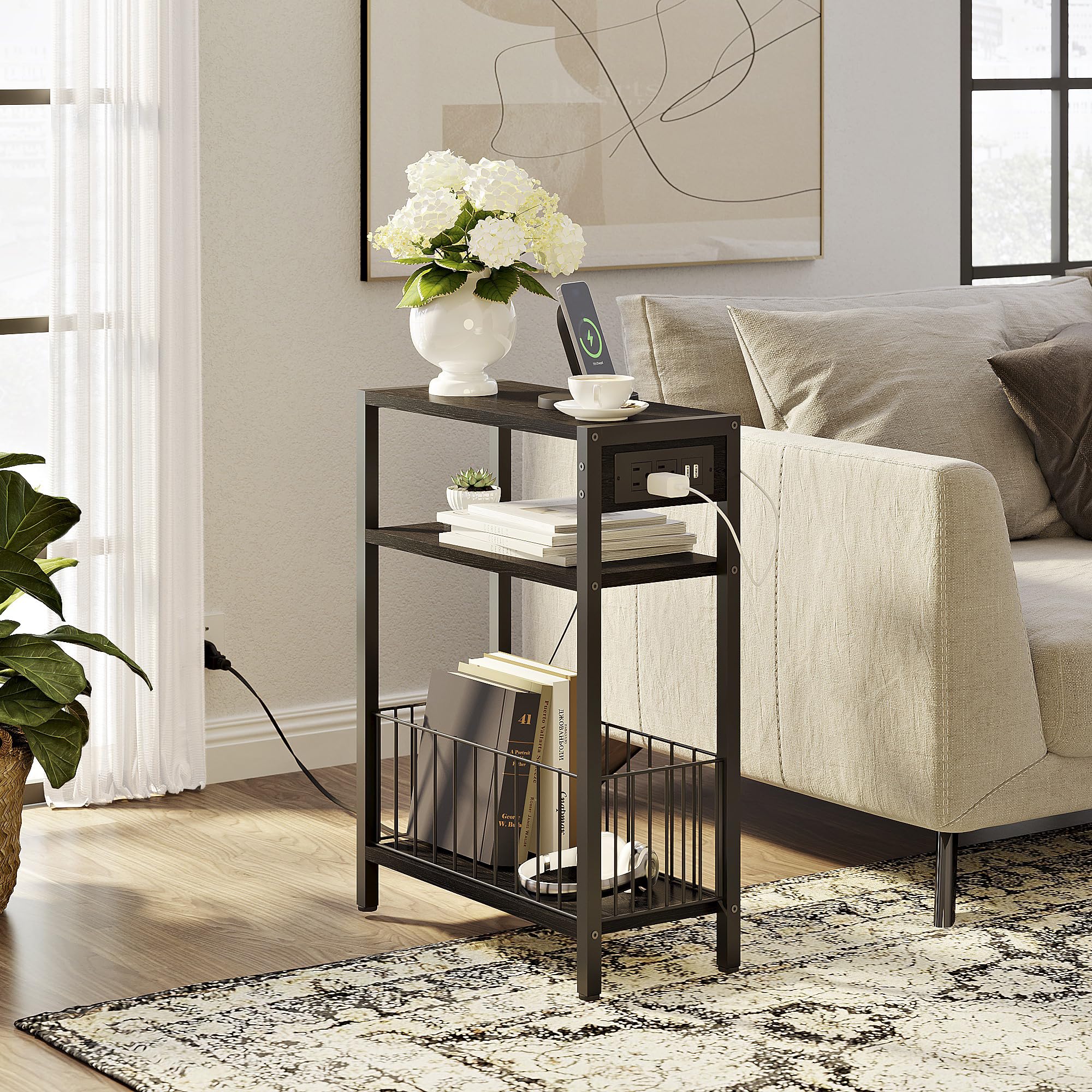 Slim Narrow Side Table with USB Charging Station - 3-Tier Small End Table with Storage Basket for Bedroom, Living Room - Space-Saving Nightstand for Apartments, Dorms - Black (Perfect for Tight Spaces, Charging Devices & Organizing Essentials)
