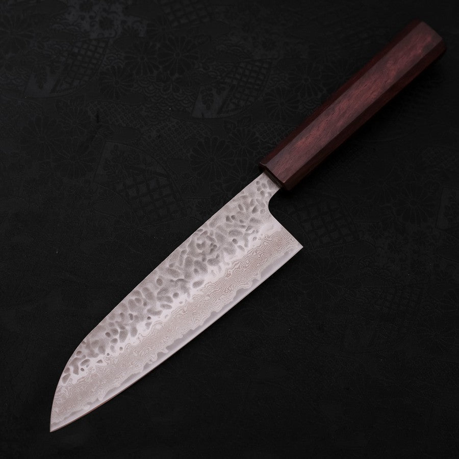 Premium Santoku Knife - AUS 10 Steel Tsuchime Damascus Blade with Purple Urushi Handle - 165mm Japanese Kitchen Knife for Professional Chefs & Home Cooking - Perfect for Slicing, Dicing & Mincing Vegetables, Meat & Fish