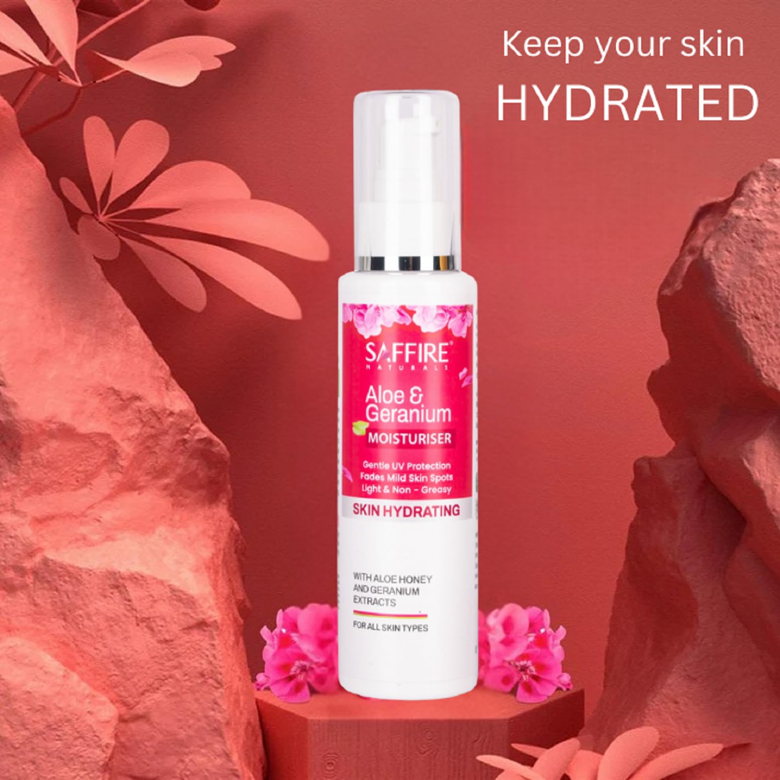 Saffire Naturals Aloe Geranium Skin Hydrating Moisturizer - 100ml | Paraben & Sulfate Free | For Dry, Sensitive & All Skin Types | Daily Face Cream for Hydration & Soothing Relief