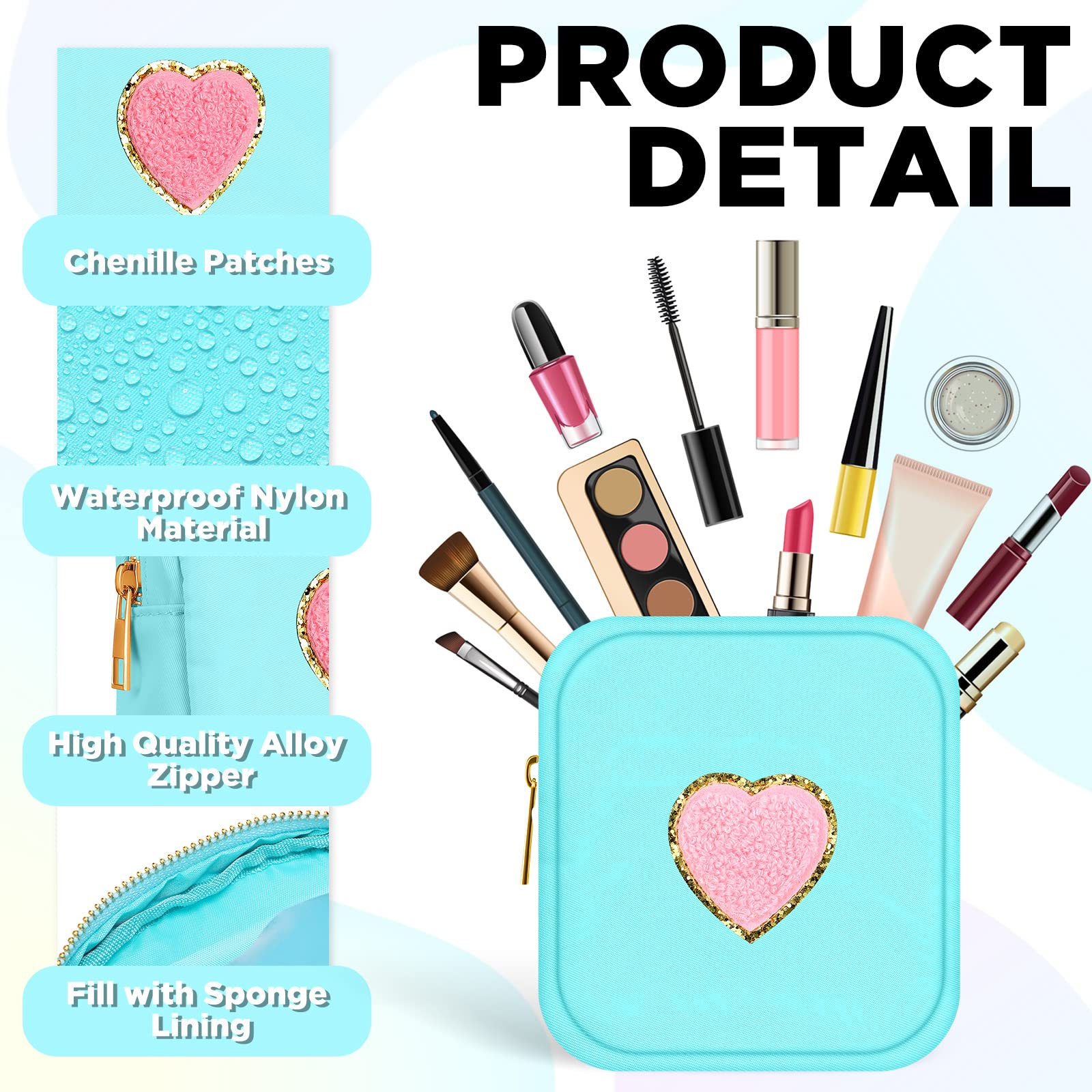 Zubebe 6-Piece Preppy Patch Cute Makeup Bags Set - Waterproof Nylon Toiletry & Skincare Pouches with Chenille Letter Design - Small Zippered Cosmetic Organizer for Purse, Travel, Gym & School Essentials (Pastel Colors)