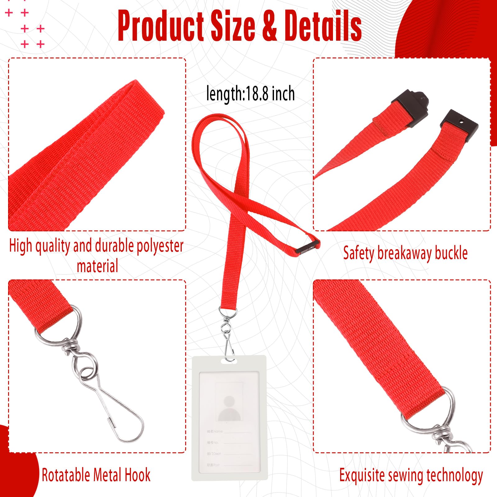 Breakaway Lanyards 60 Pcs with J Hook for ID Badges & Cards - Office & Events (Red)