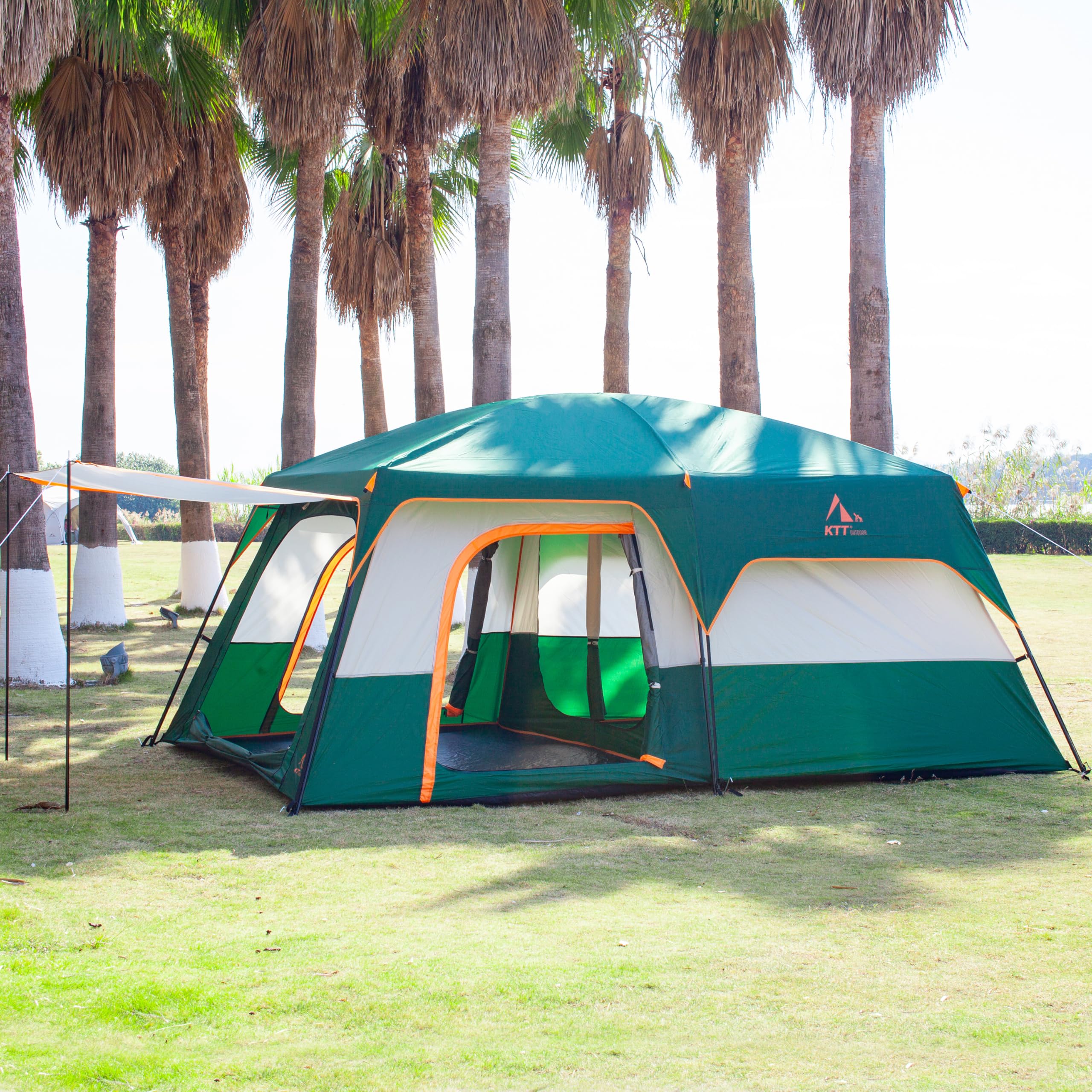 KTT Extra Large Family Cabin Tent for 10-12-14 People (Style-B) - 2 Rooms, 3 Doors & 3 Windows with Mesh, Straight Wall Design, Waterproof Double Layer - Perfect for Camping, Picnics, Outdoor Adventures & Family Gatherings