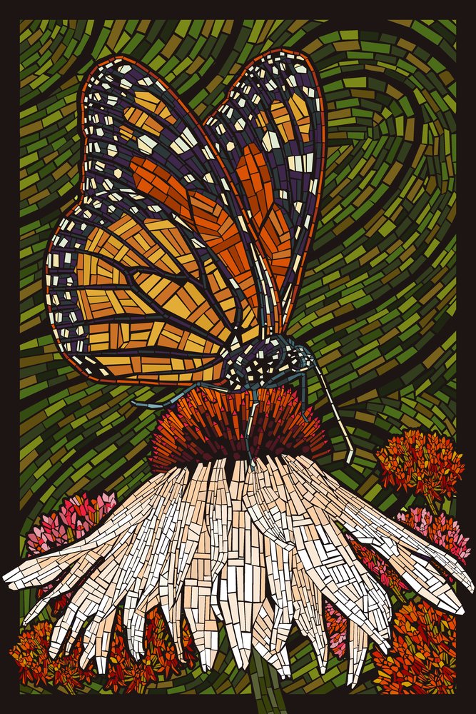 Monarch Butterfly Paper Mosaic Art Print - 24x36 Signed Wall Decor Poster with Green Background | Nature-Inspired Home & Office Decoration