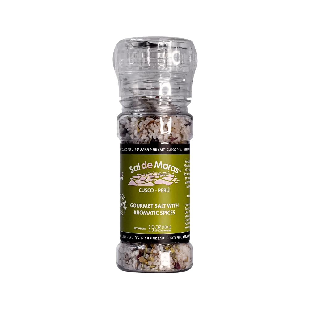Premium Maras Gourmet Pink Salt from Peru - Hand-Harvested, Refillable Grinder 3.5oz (100g) with Natural Spices | Unique Flavor for Cooking, Seasoning & Gourmet Dishes | Authentic Peruvian Pink Salt for Chefs & Home Cooks