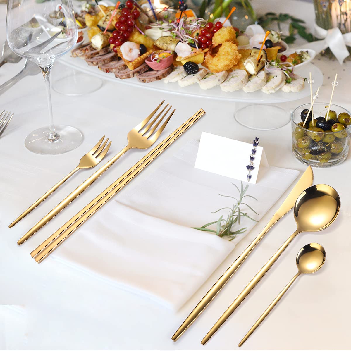 AARAINBOW 8-Piece Stainless Steel Travel Cutlery Set with Chopsticks & Cleaning Brush - Dishwasher Safe for Camping & Picnics (Golden)