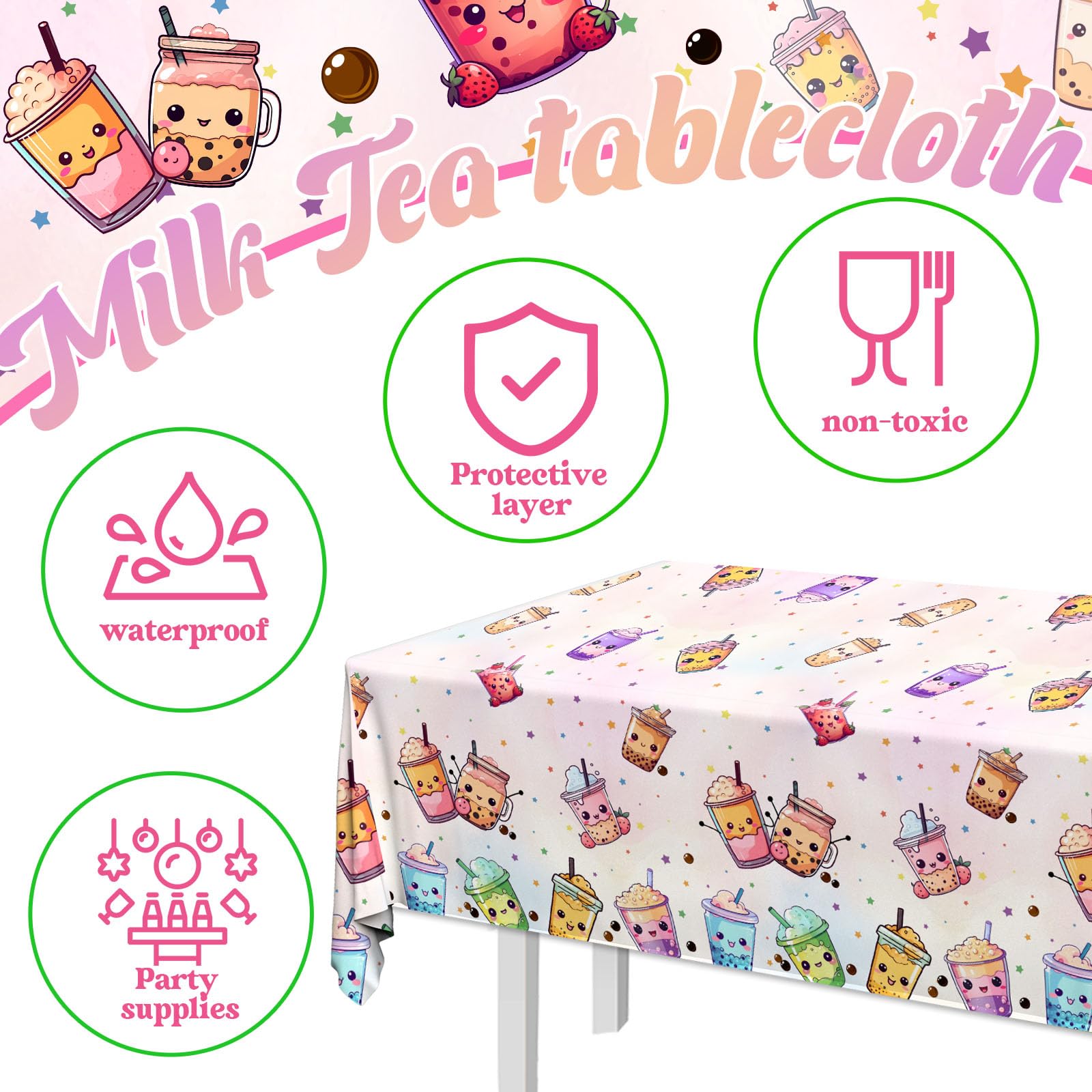 3pcs Waterproof Bubble Tea Tablecloths - Boba Tea Party Decorations, Birthday Table Covers for Kawaii Themed Events & Asian Dessert Celebrations