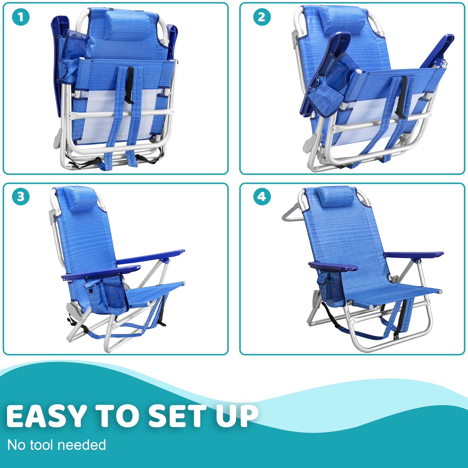 LEMBERI Heavy Duty Folding Beach Chair for Adults - Portable Camping Chair with Large Storage Pockets, Adjustable Cup Holder & Towel Rack - Perfect for Beach, Poolside, Picnics & Outdoor Travel (Navy Blue)