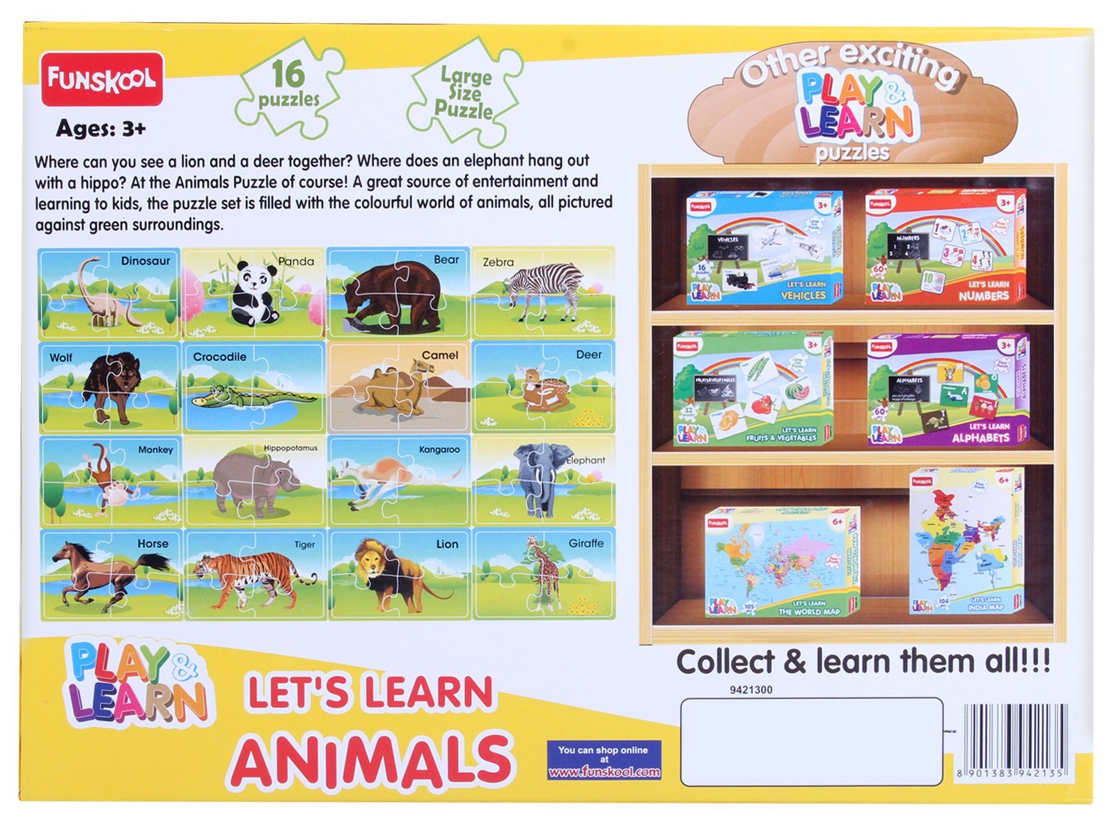 Funskool Play & Learn Animals Puzzle - 16 Piece Educational Toy for Kids Ages 3+ | Multicolor Learning Game for Preschool Development & Family Bonding Activities