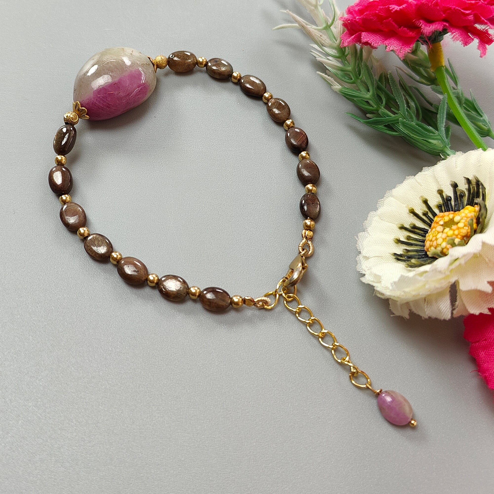 Golden Brown Chocolate Sapphire Beads Bracelet - 83.20cts Natural Untreated Zoisite Ruby Oval Brass Bracelet (8x6mm, 23x18mm) for Women's Jewelry, Boho Fashion & Gift Giving