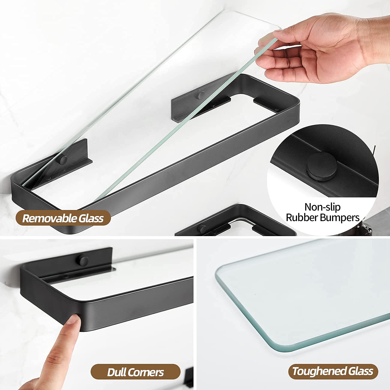 VOLPONE 2-Tier Wall Mounted Bathroom Shelves - Floating Tempered Glass Shelf for Bathroom Storage & Organization (Black) | Perfect for Shower, Toiletries & Bath Accessories