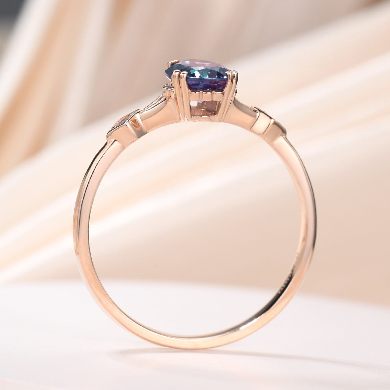 14K Rose Gold Three Stone Pear Shaped Alexandrite Engagement Ring - Minimalist Square Accent Wedding Band for Women | Perfect for Proposals, Anniversaries & Special Occasions