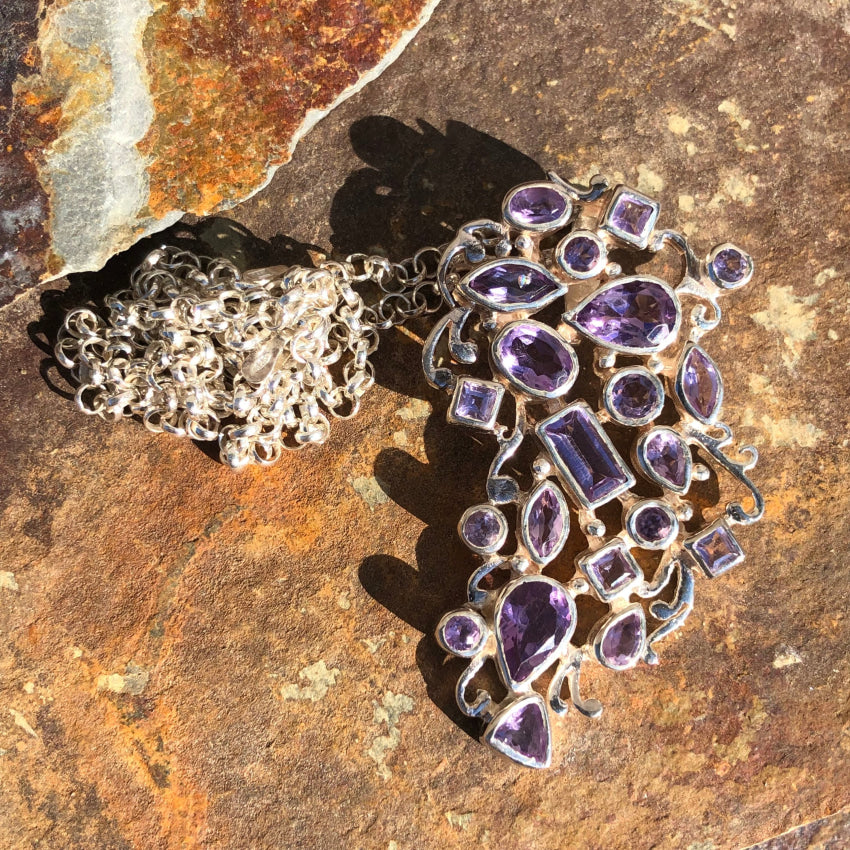 Genuine Amethyst Sterling Silver Pendant Necklace with 21 Natural Stones - Perfect for Gifts, Spiritual Healing & Everyday Elegance