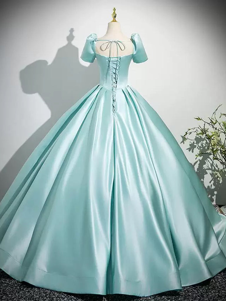 Elegant Mint Blue A-Line Puff Sleeve Satin Prom Dress - Long Formal Evening Gown for Homecoming, Ball, Wedding & Special Occasions
