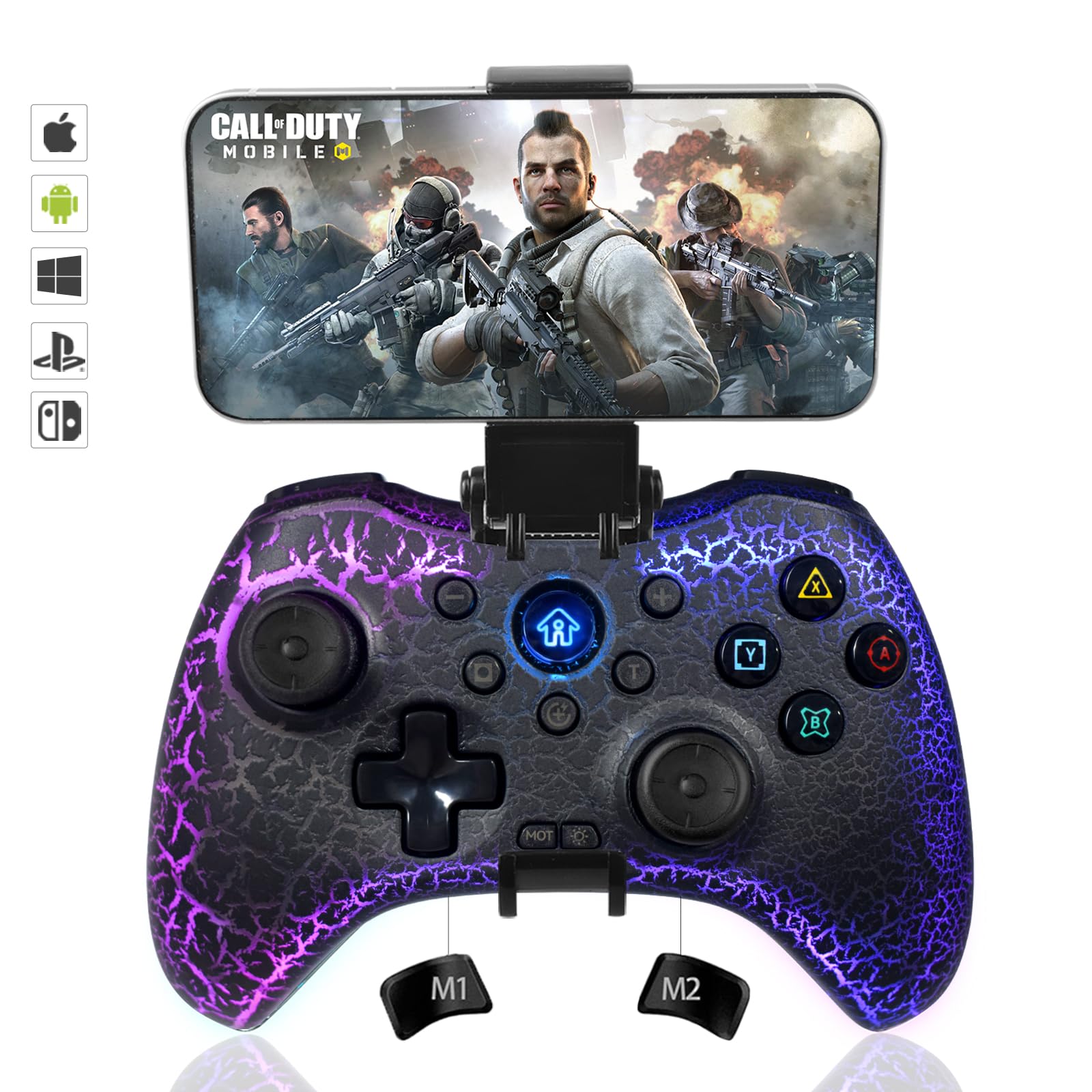 Pro Wireless Gaming Controller for iPhone, iPad, Android, PC, PS5, PS4, PS3 & Switch - RGB Backlit Gamepad with Phone Holder, Turbo Buttons, Vibration & 6-Axis Gyro | Perfect for Mobile Gaming, Console Play & Cloud Streaming