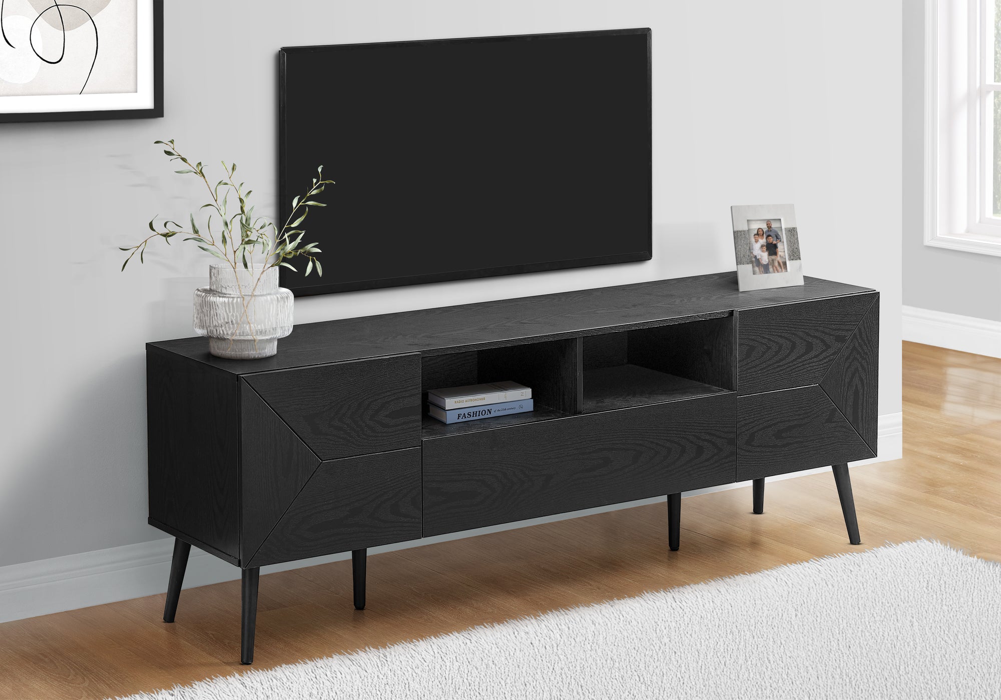72 Inch TV Stand Console - Black Laminate Mid Century Modern Style Entertainment Center for Living Room, Bedroom & Home Theater