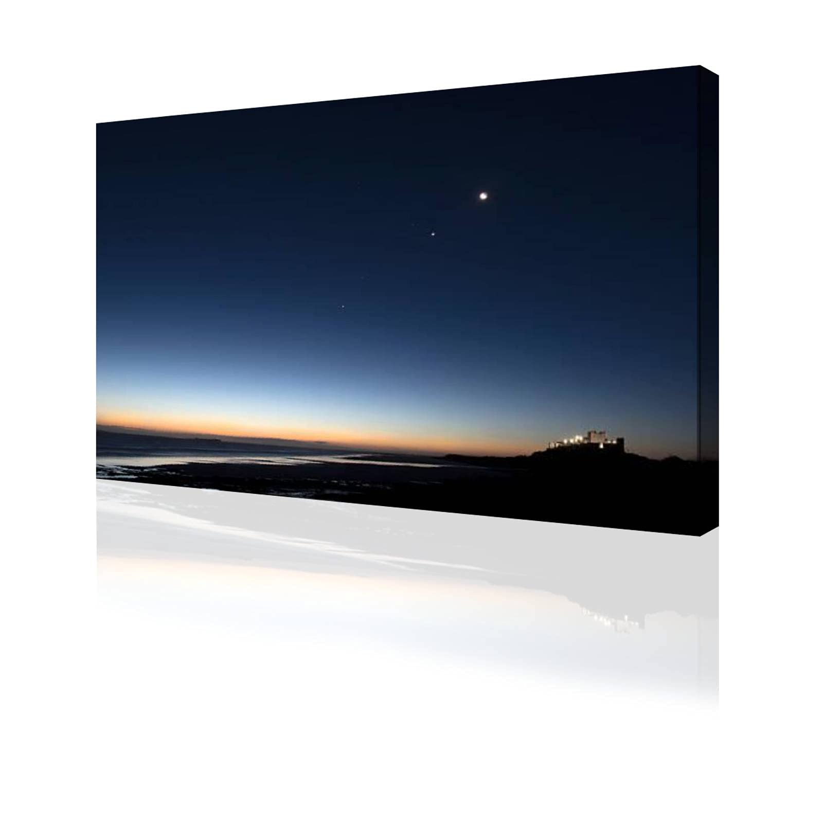 Northumberland Beach & Bamburgh Castle Night Sky Canvas Wall Art - Framed Giclee Painting Print, Ready to Hang for Home & Office Decor | Coastal Landscape Wall Decor for Living Room, Bedroom, Office