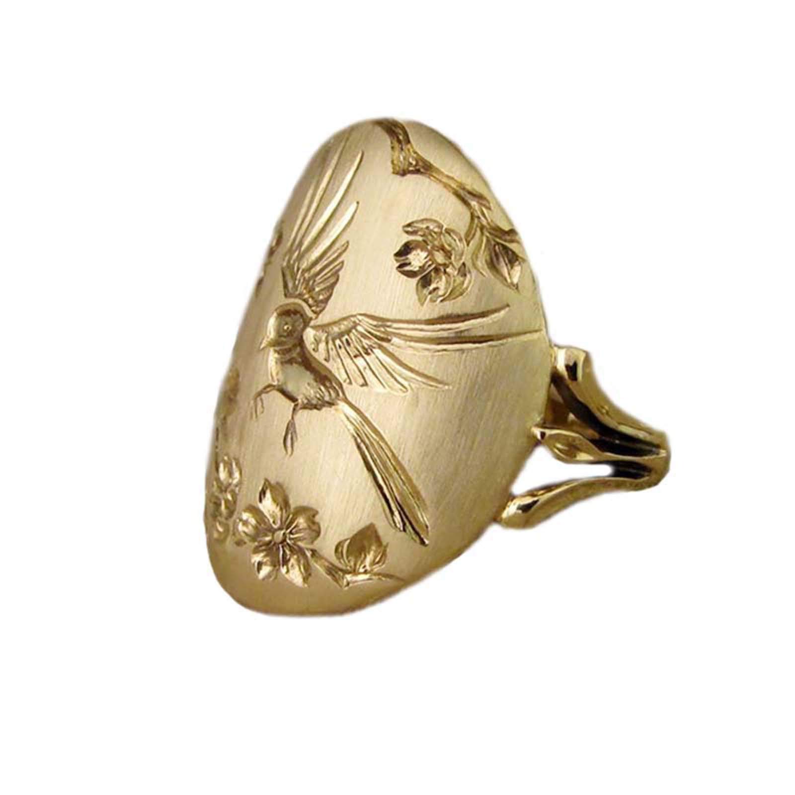 Elegant Gold Plated Engraved Flower Ring for Women - Personalized Hummingbird Jewelry Gift, Vintage Promise Ring for Her (Perfect for Anniversaries, Birthdays & Romantic Occasions)