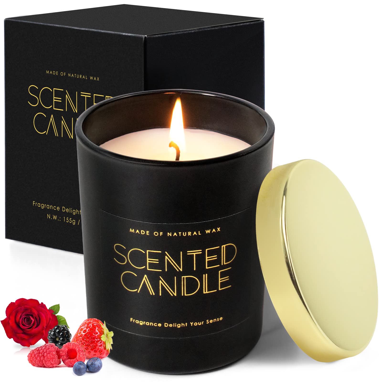 Scented Soy Candles for Home - Rose & Wild Berries Aromatherapy Candle Gift Set (5.5 oz) in Matte Black Glass Jar | Perfect for Mother's Day, Relaxation, Spa Nights & Romantic Ambiance
