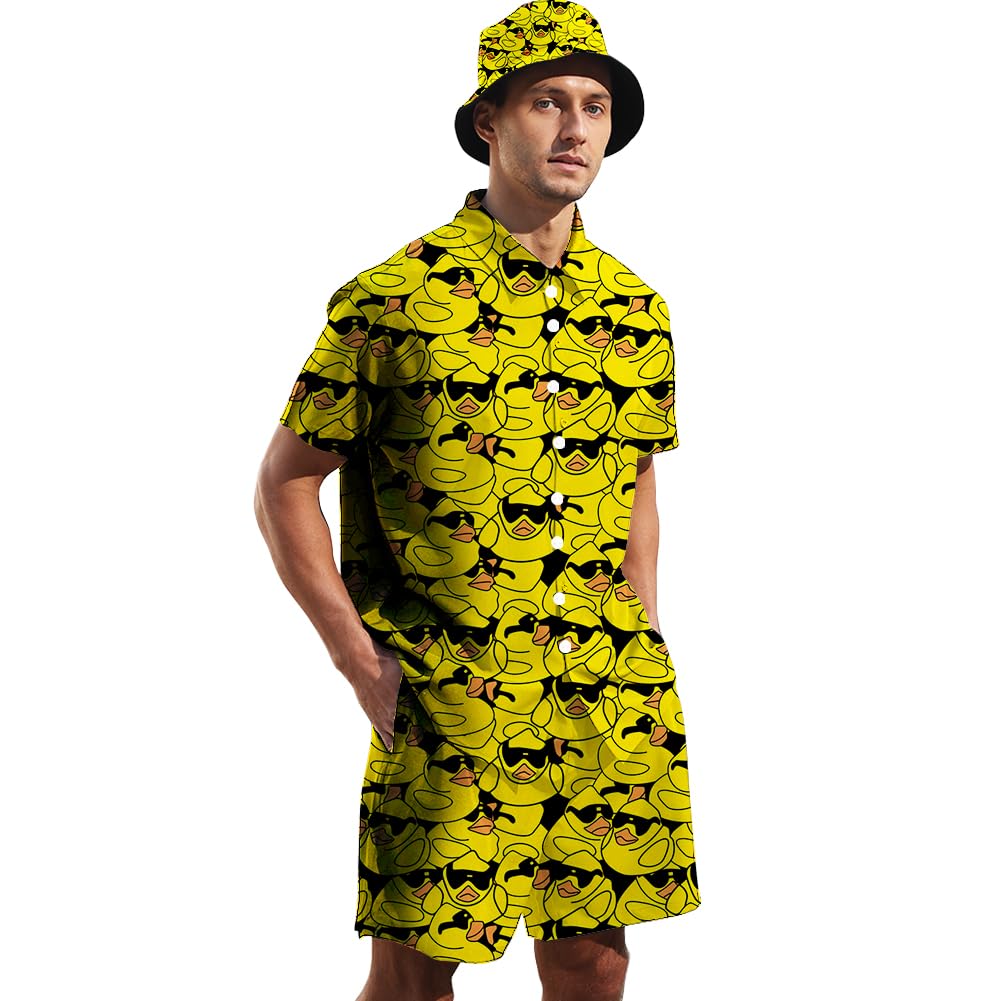 Hawaiian Shirt and Shorts Set for Men - 2 Piece Tracksuit with Button Down Shirt & Matching Shorts + Free Bucket Hat | Beachwear, Summer Outfits, Vacation Style