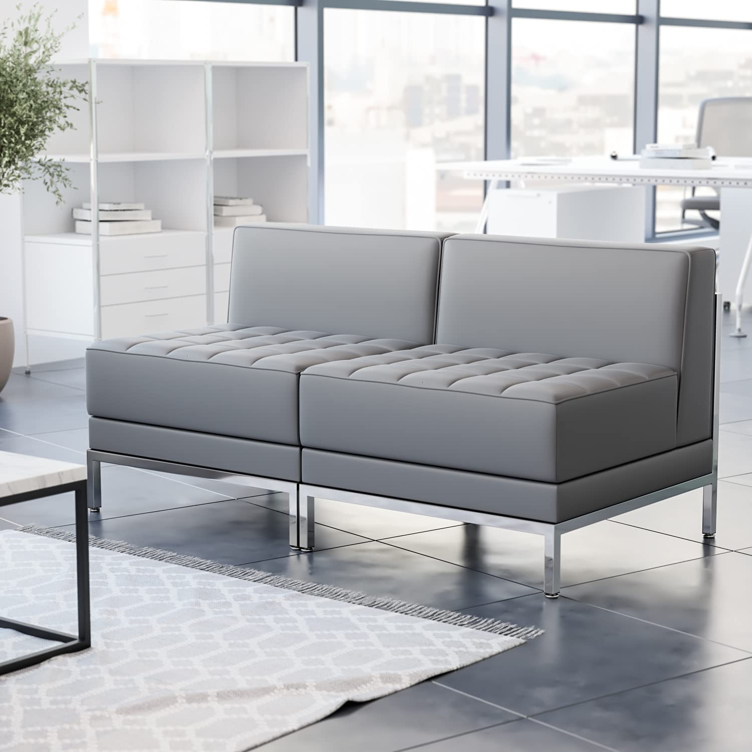 Flash Furniture HERCULES Series 2-Piece Gray LeatherSoft Waiting Room Lounge Set with Reception Bench - Comfortable Seating for Office Lobby, Hotel Reception & Clinic Waiting Areas