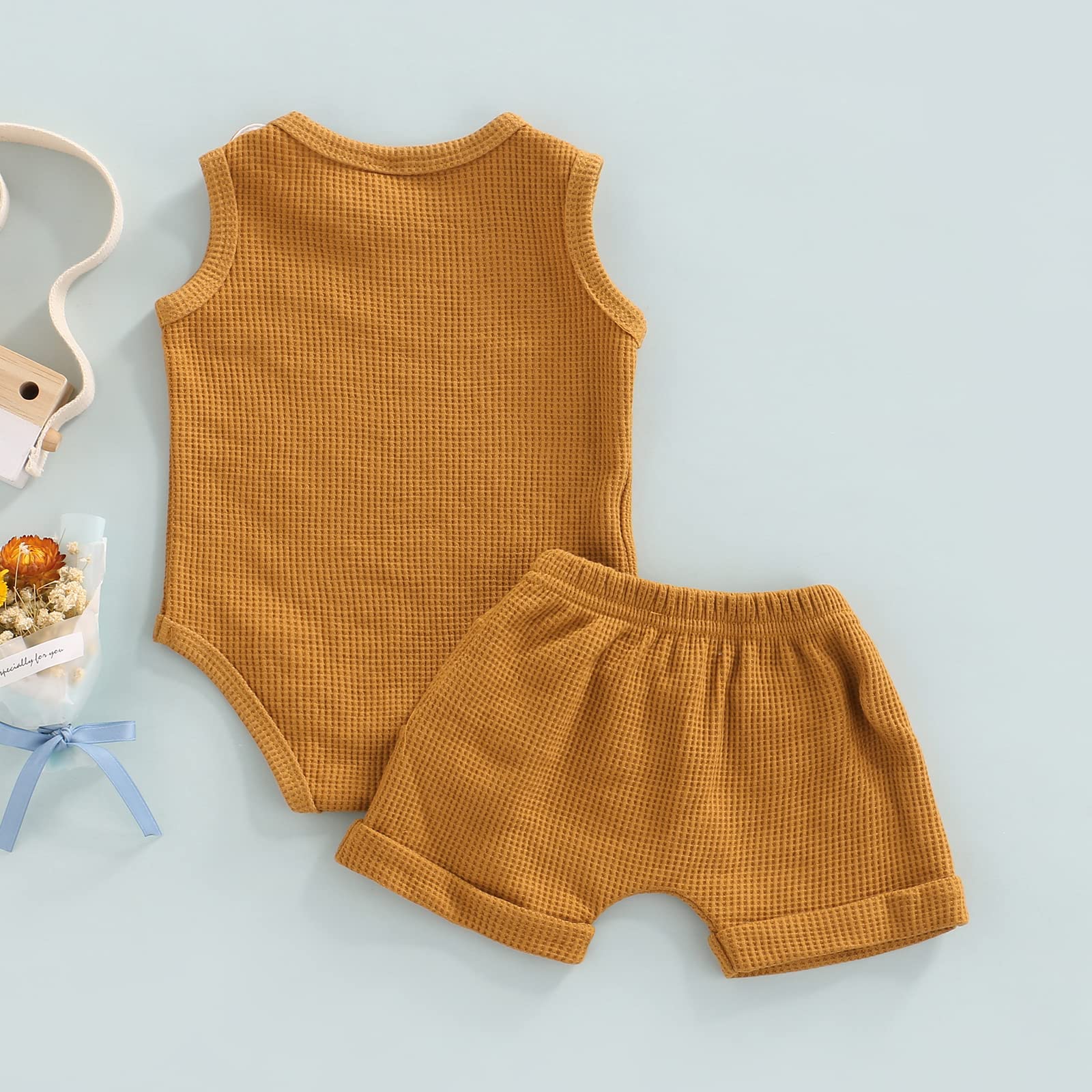 Newborn Baby Boy & Girl Summer Outfit - 2-Piece Sleeveless Tank Romper & Waffle Knit Shorts Set | Soft Casual Clothes for Playtime & Outdoor Activities