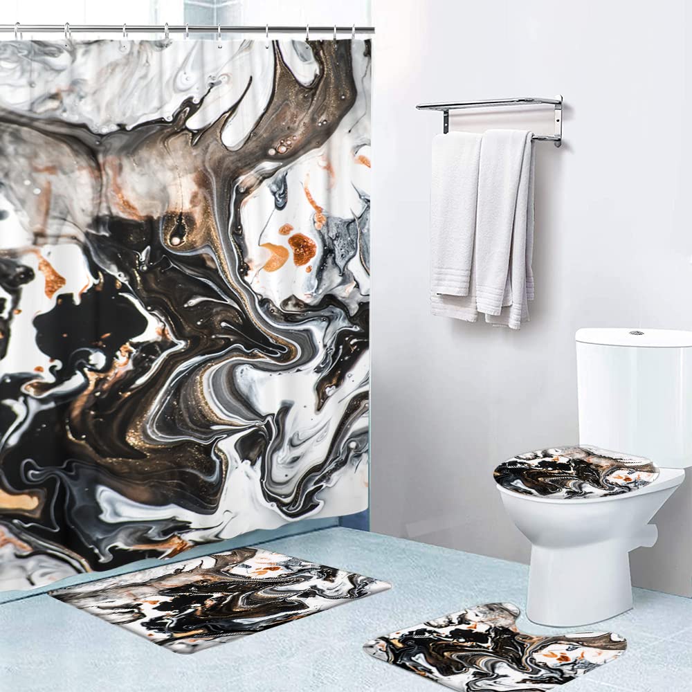 LOKMU 4-Piece Shower Curtain Set with Non-Slip Bath Mat, Toilet Lid Cover, and 12 Hooks - Waterproof Abstract Modern Marble Design in Black & White (72