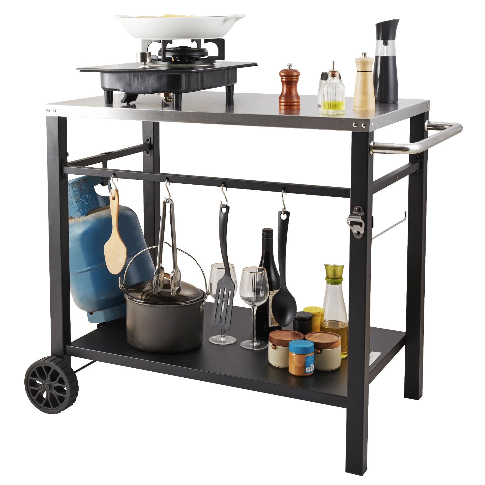 VEVOR Stainless Steel Outdoor Grill Cart with Double Shelves - Portable BBQ Prep Table with Wheels & Handle for Pizza Oven, Camping & Backyard Cooking - Heavy Duty Mobile Workstation for Patio, Garden & Tailgating Parties