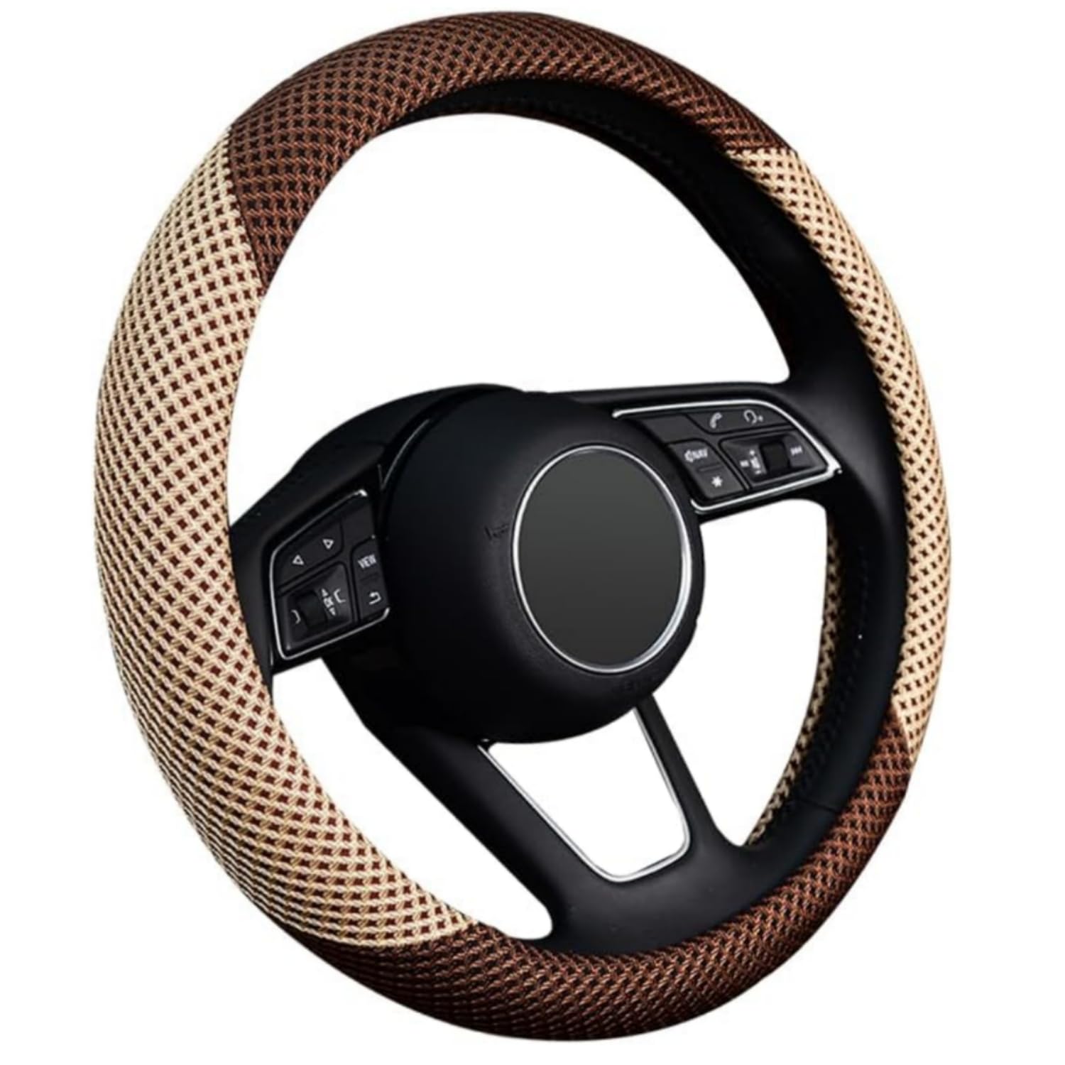 Universal 15 Inch Microfiber Steering Wheel Cover - Breathable Ice Silk Anti-Slip Car Accessory for Men & Women | Warm in Winter & Cool in Summer | Beige & Brown | Perfect for Daily Commute, Road Trips & All-Season Driving Comfort