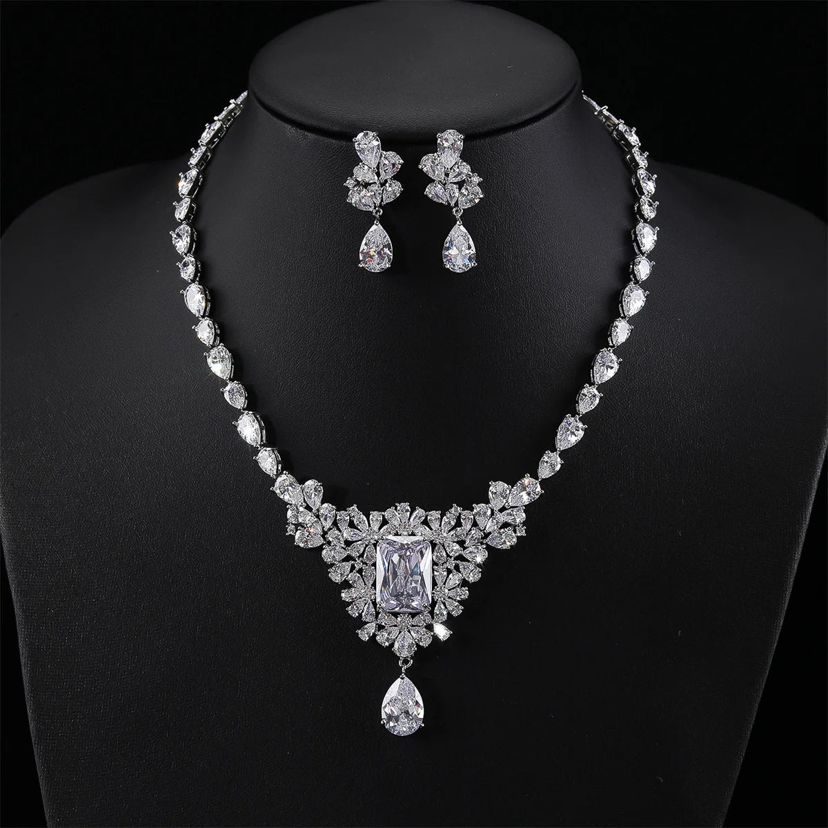 Elegant CZ Flower Pendant Necklace & Earrings Set - Cubic Zirconia Bridal Jewelry for Women - Perfect Wedding Gift (CN11099) - Ideal for Bridal Showers, Weddings, Anniversaries and Special Occasions