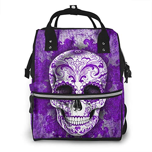 Stylish Purple Skull Diaper Backpack - Large Capacity Multifunctional Baby Bag for Parents | Waterproof Nappy Organizer with Insulated Pocket | Perfect for Daycare, Travel & Family Outings