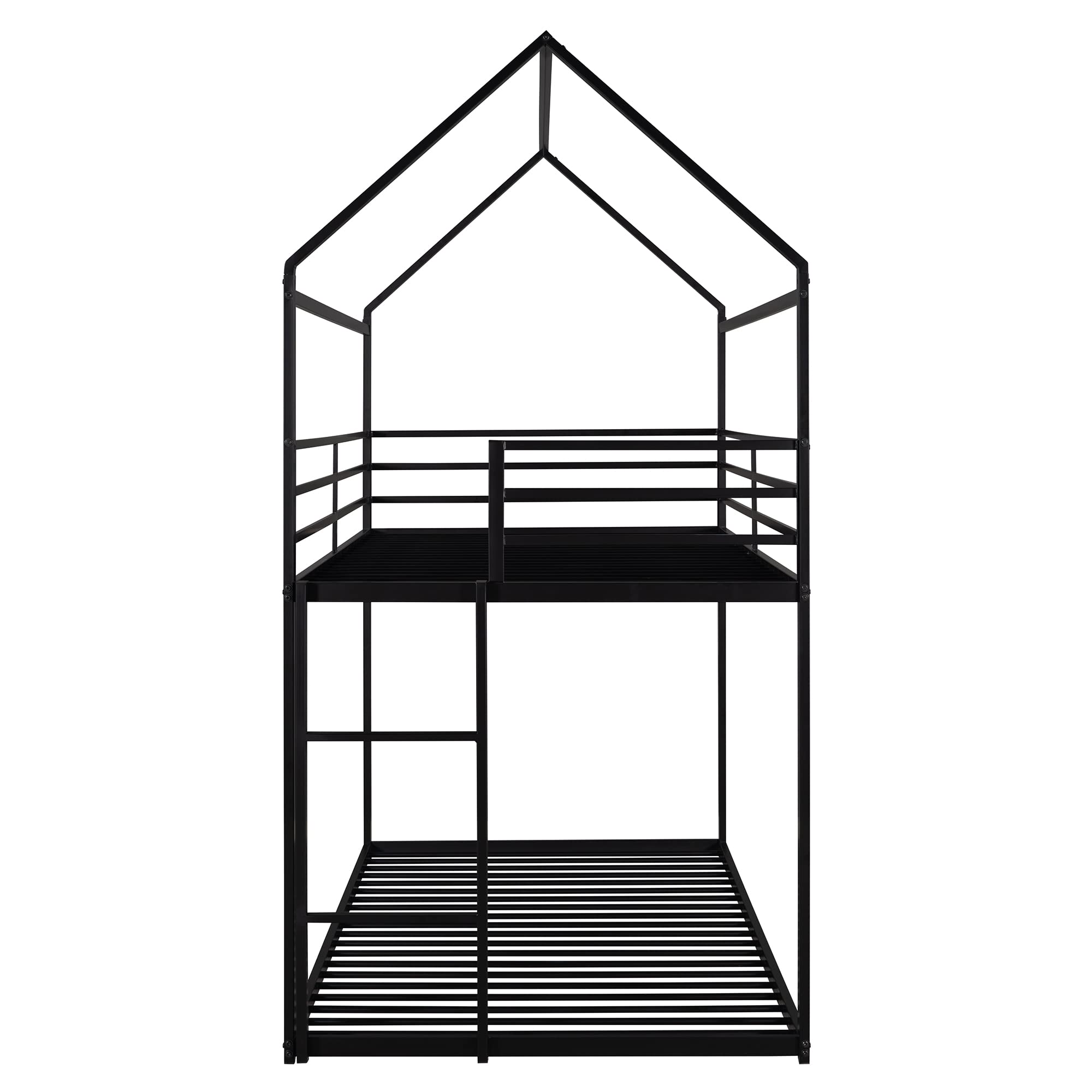 Sturdy Metal Twin Over Twin Bunk Beds for Kids with Roof - Heavy Duty Floor Bunk Bed for Boys & Girls - No Box Spring Needed - Black - Perfect for Small Bedrooms, Shared Kids Rooms & Sleepovers
