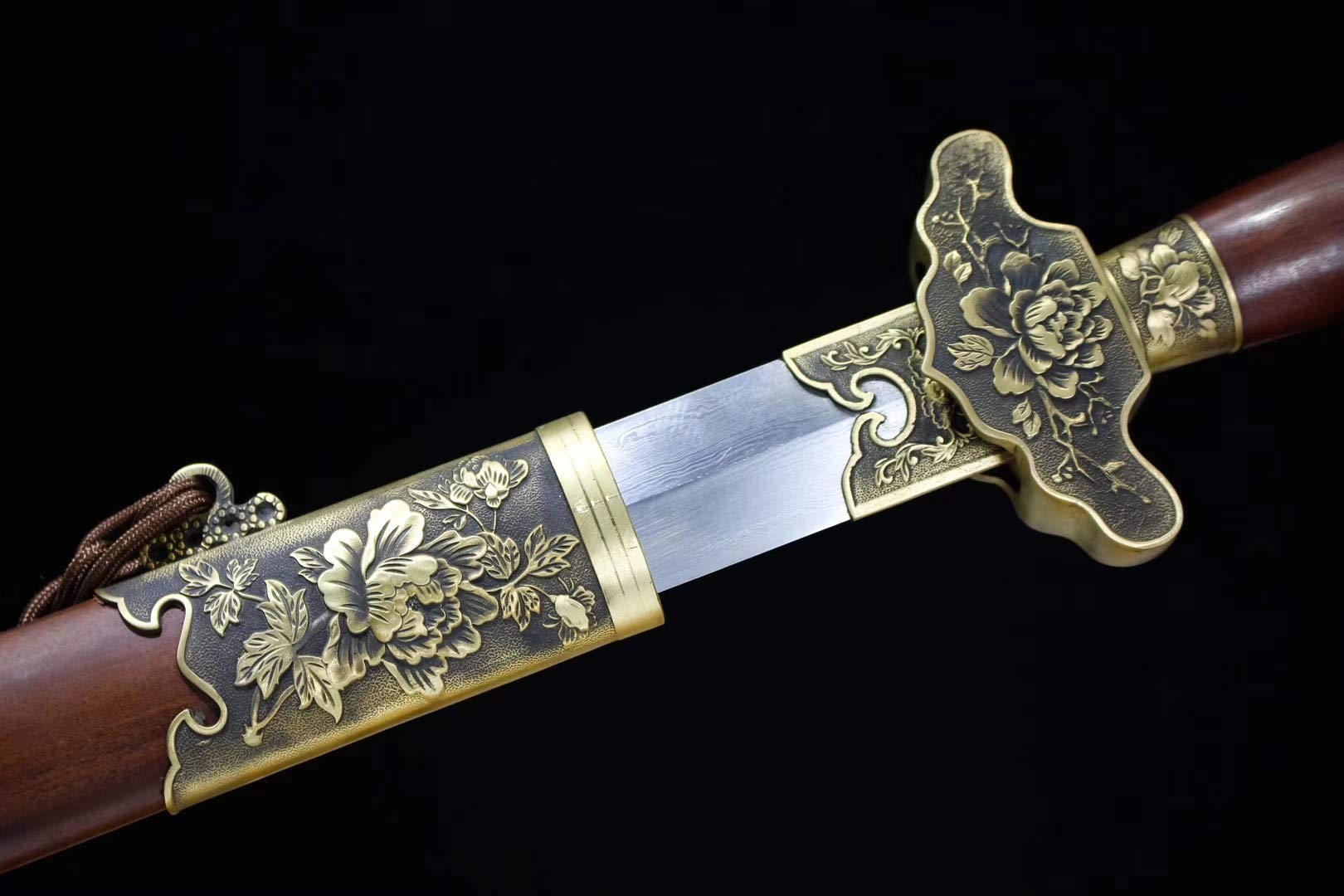 Hand-Forged Damascus Steel Peony Sword - Chinese Style Gift with Brass Fittings & Rosewood Handle (Full Tang) - Perfect for Martial Arts, Home Decor, and Collector's Display