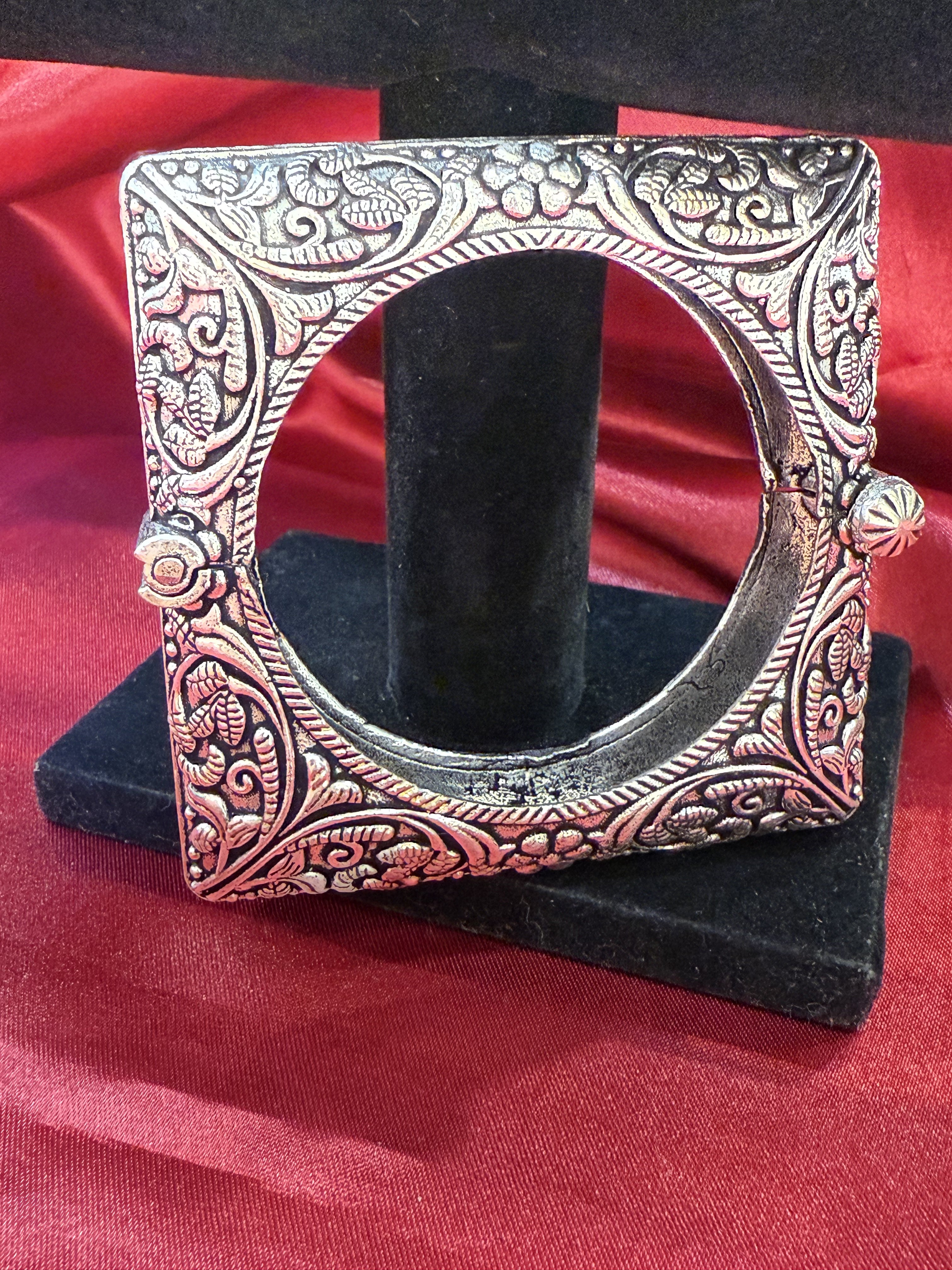 Handmade Tribal Oxidized Silver Ethnic Open Bridal Cuff Bracelet for Women - Square Design Kada Bangle - Perfect for Weddings, Boho Fashion & Festival Jewelry