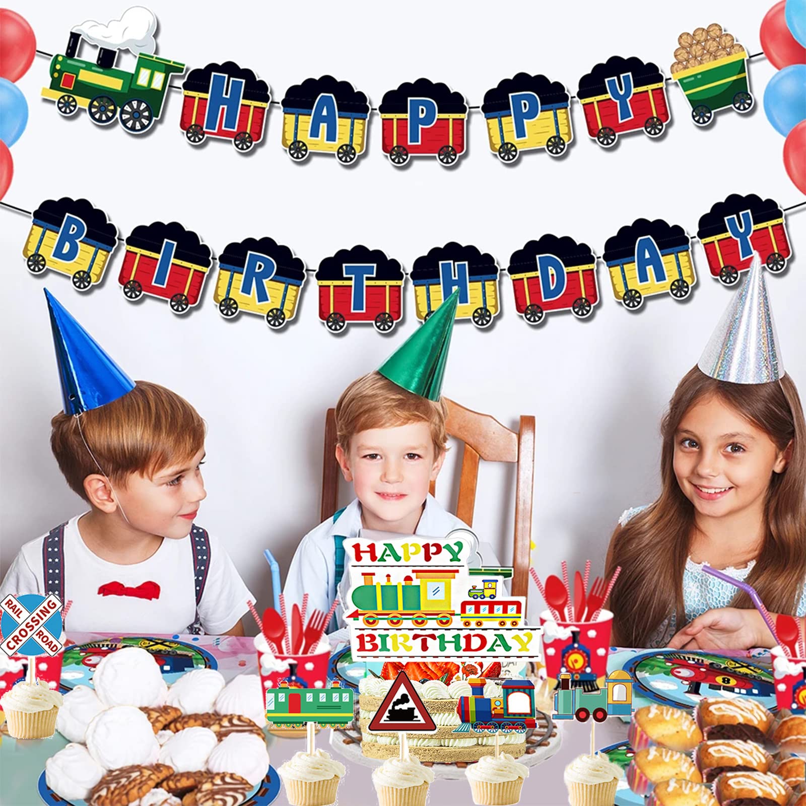 Train Birthday Party Decorations Set - Train Cake Topper, Vehicles Tablecloths & Car Banner for Kids Transportation Theme Celebration | Perfect for Train-Themed Birthday Parties, Baby Showers & Classroom Events