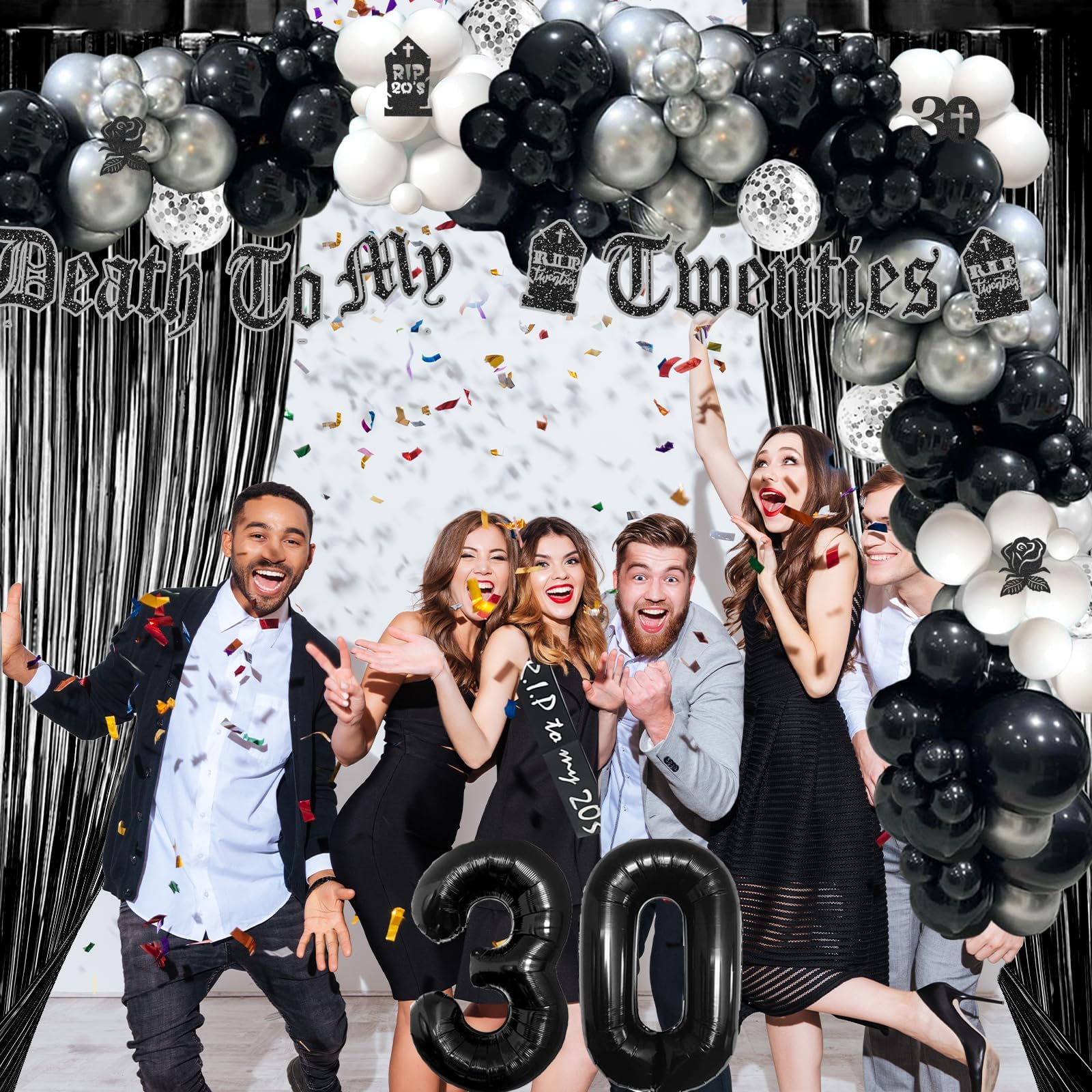 128 PCs Death To My 20s Party Decorations Kit - Funeral For My Youth 30th Birthday Supplies with Fringe Curtain, Balloon Garland, Glitter Banner, Cake Toppers & Tombstone Cutouts | Perfect for Milestone Birthday Parties, Dark Humor Celebrations & Themed Events
