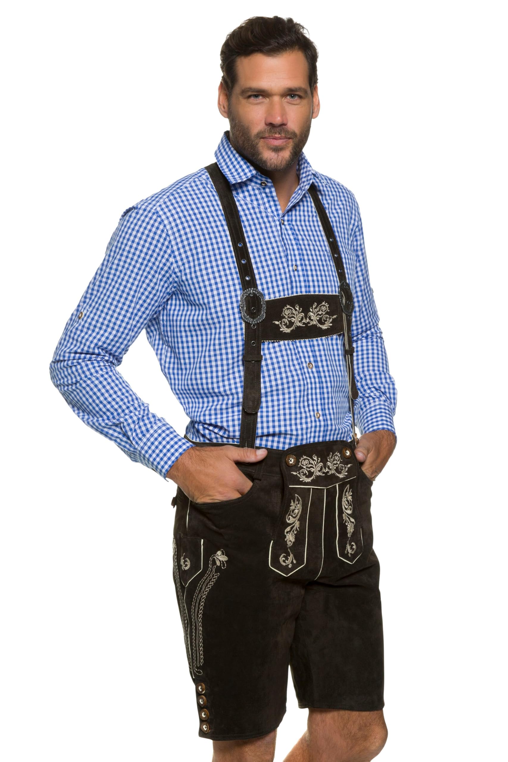 JP 1880 Men's Big & Tall Plus Size Lederhosen Shorts (Sizes L-8XL) - Authentic German Style Leather Overalls for Oktoberfest, Beer Festivals & Costume Parties