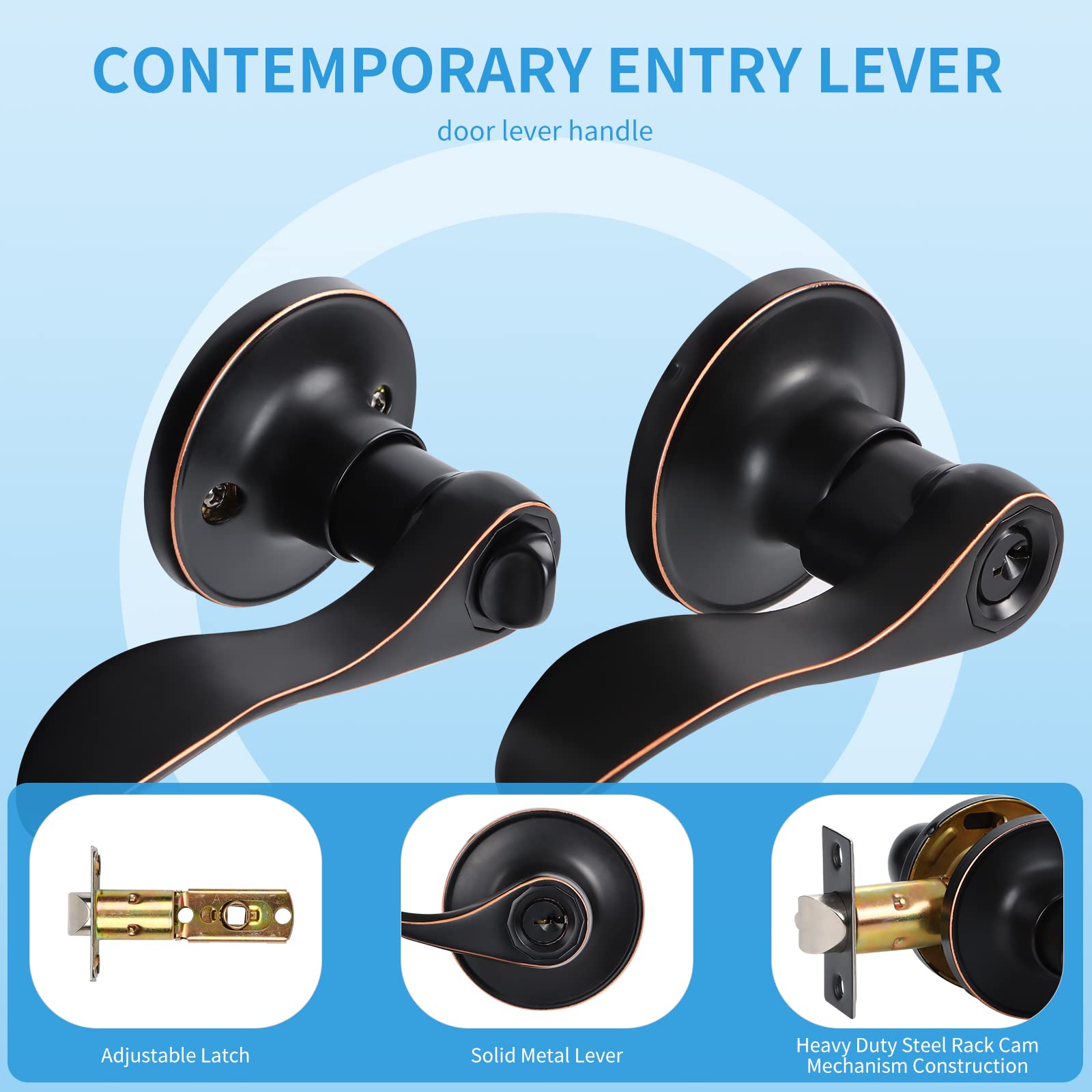 10 Pack Interior Door Handles with Lock and Keys - Keyed Alike Bedroom & Bathroom Door Knobs Set - Oil Rubbed Bronze Finish - Right/Left Handed Lever Door Locks for Home, Office & Apartment Security