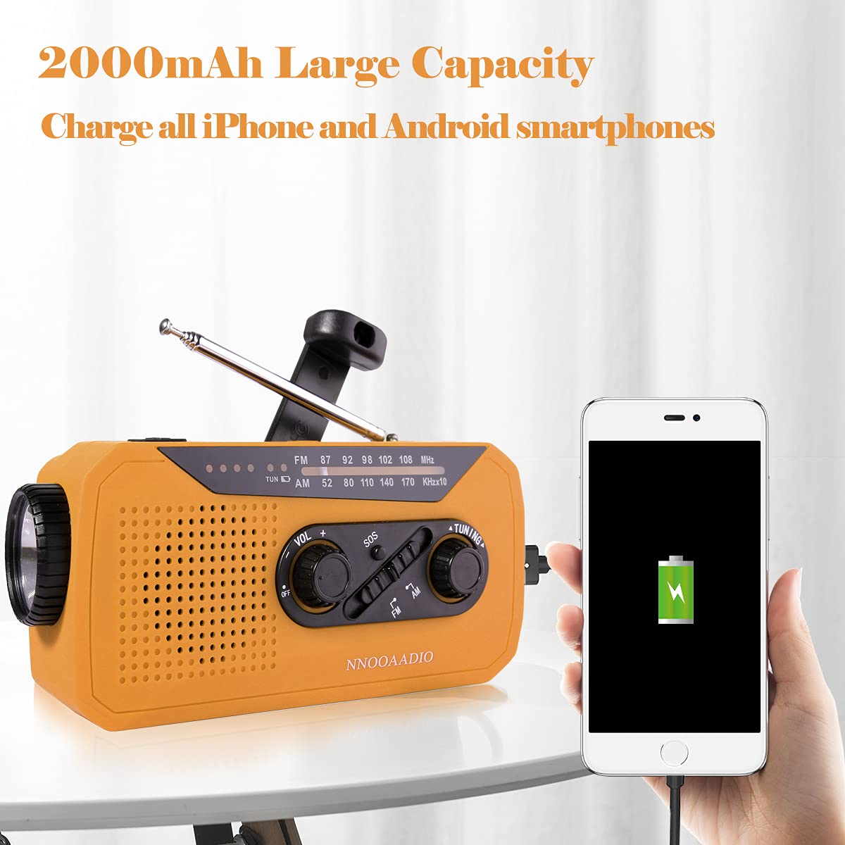 Solar & Hand Crank Emergency Radio - AM/FM Weather Radio with 2000mAh Power Bank, Bright LED Flashlight, SOS Alarm & Headphone Jack for Camping, Hiking, Storms and Power Outages