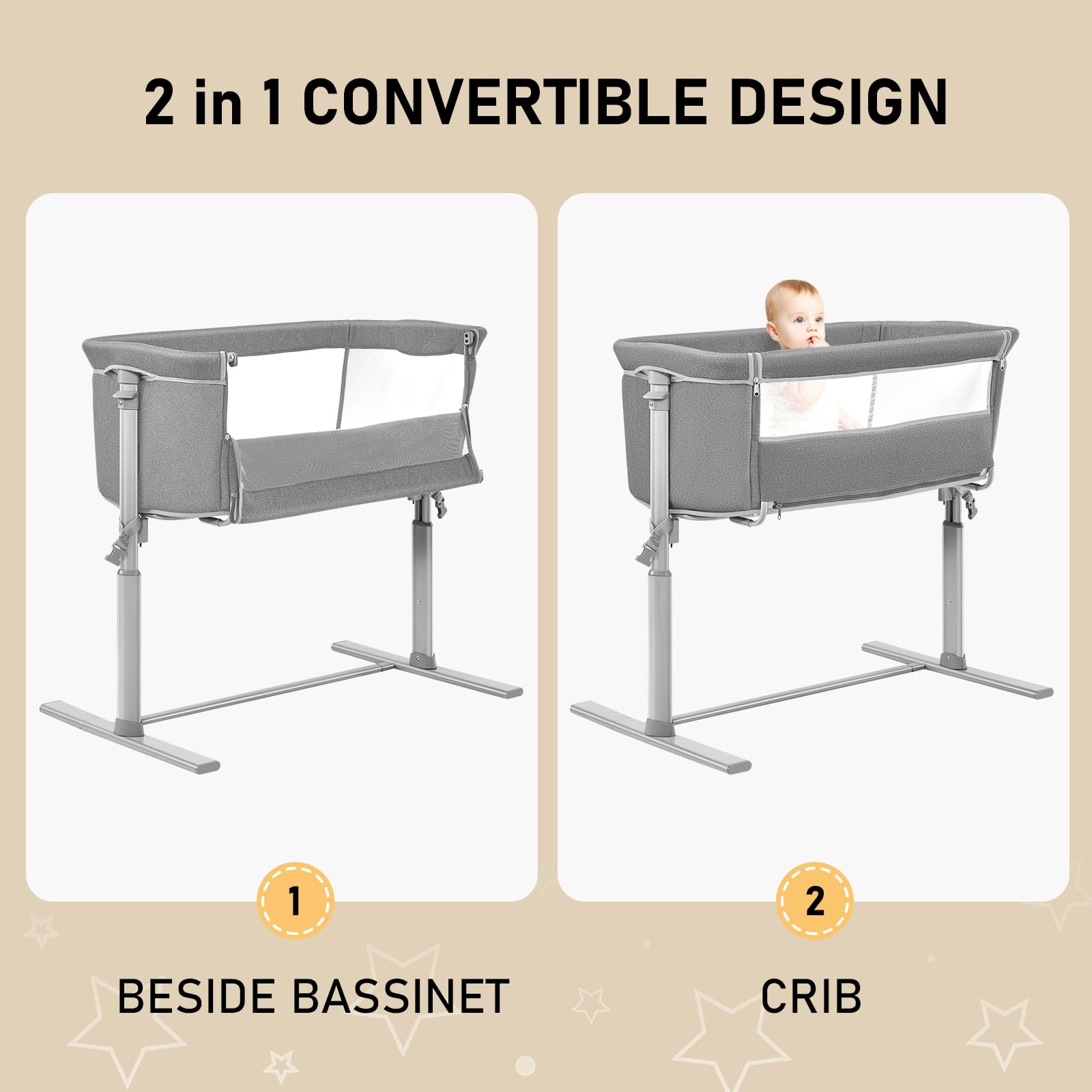 ALVOD Adjustable Height Bedside Bassinet for Baby - 6-Level Portable Crib with Breathable Mesh, Easy Assembly, Light Grey - Perfect for Nursery, Bedside, or Sofa Sleeping